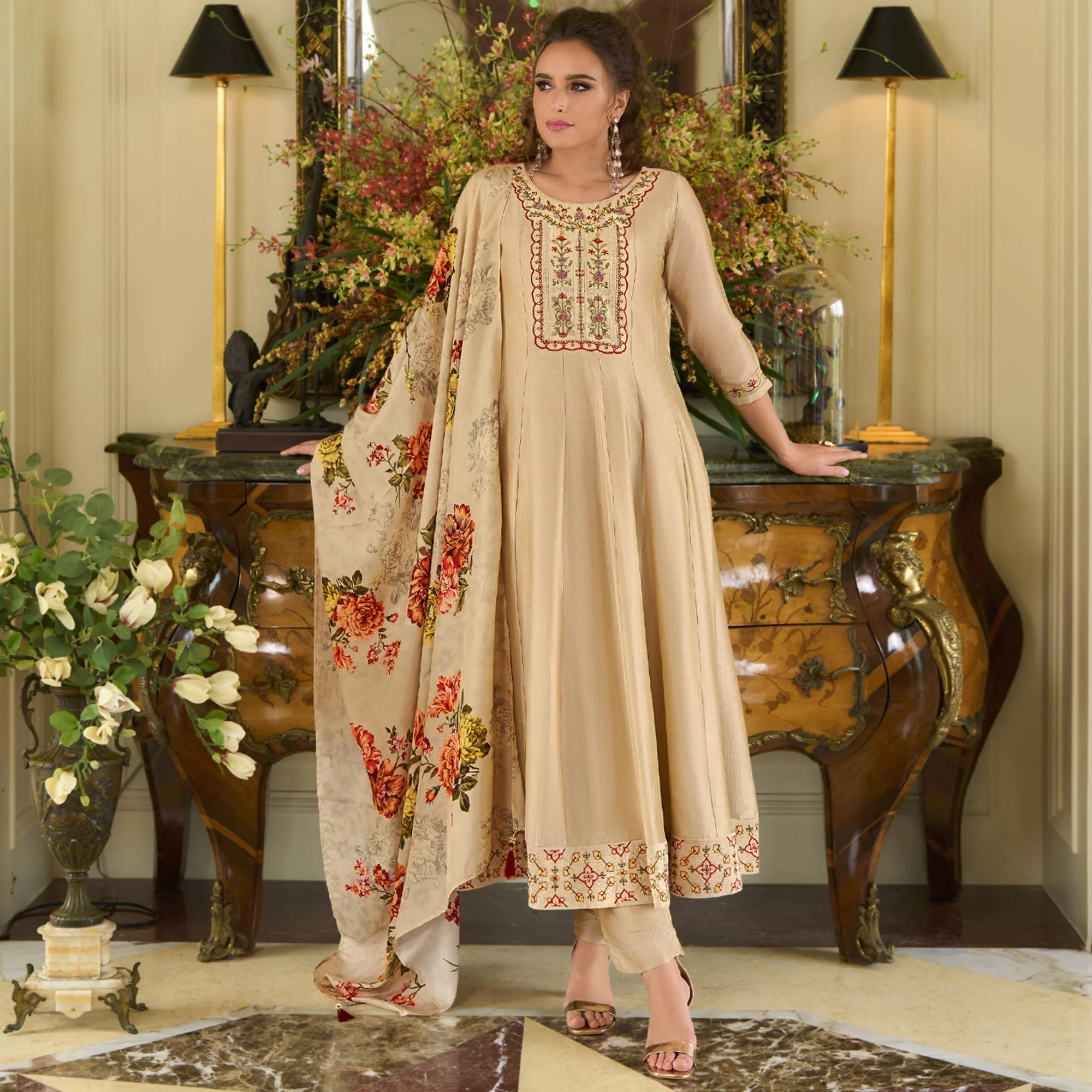 Beige Embroidered Vichitra Silk Anarkali Salwar Suit - Image 4