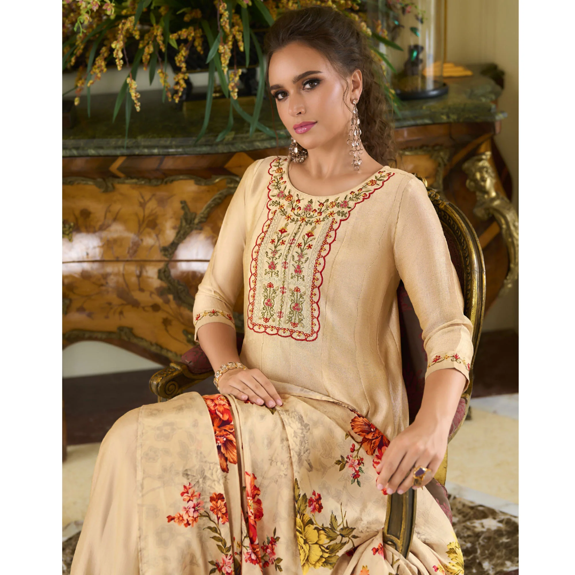 Beige Embroidered Vichitra Silk Anarkali Salwar Suit - Image 5