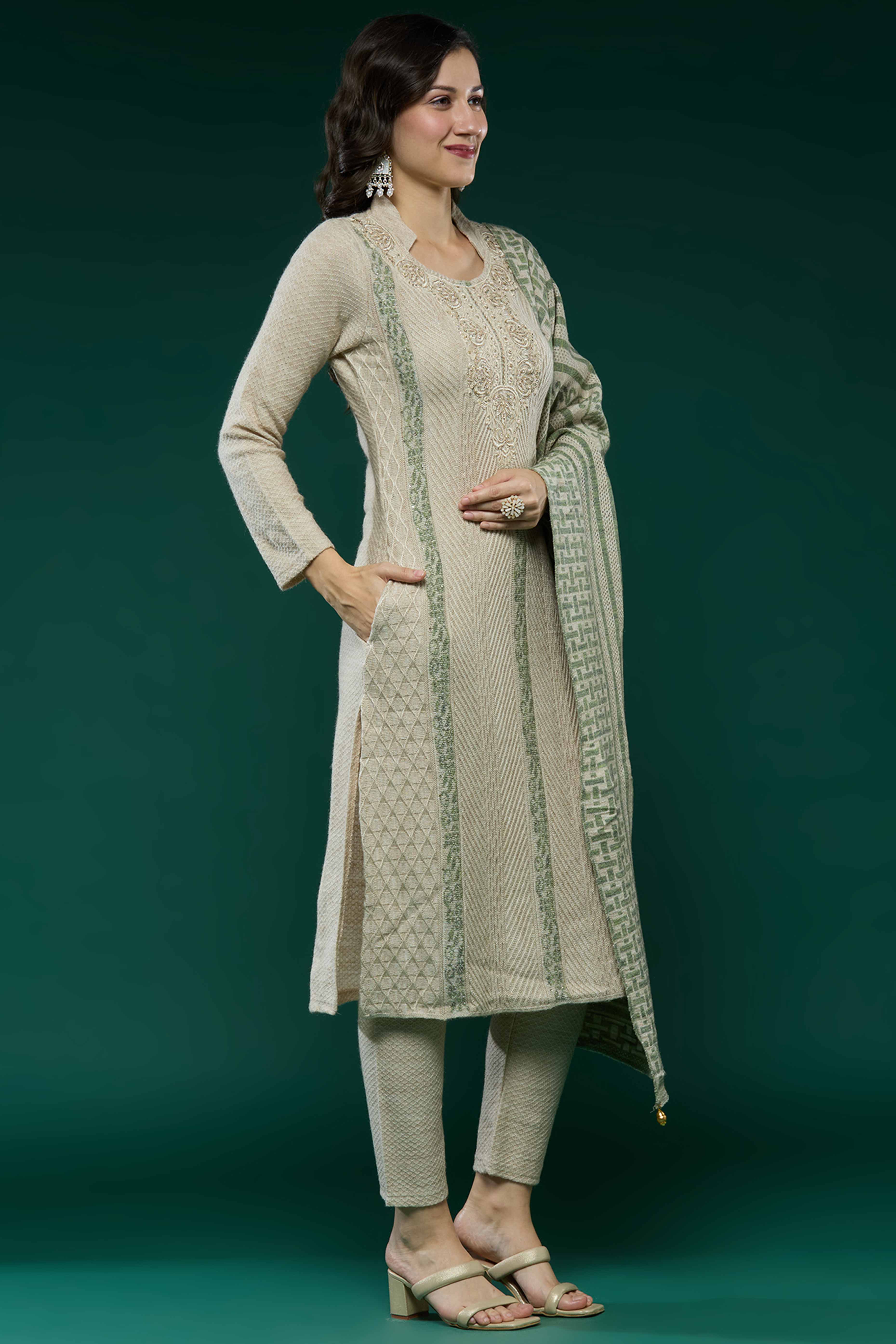 Beige Woven Woolen Straight Salwar Suit - Image 5