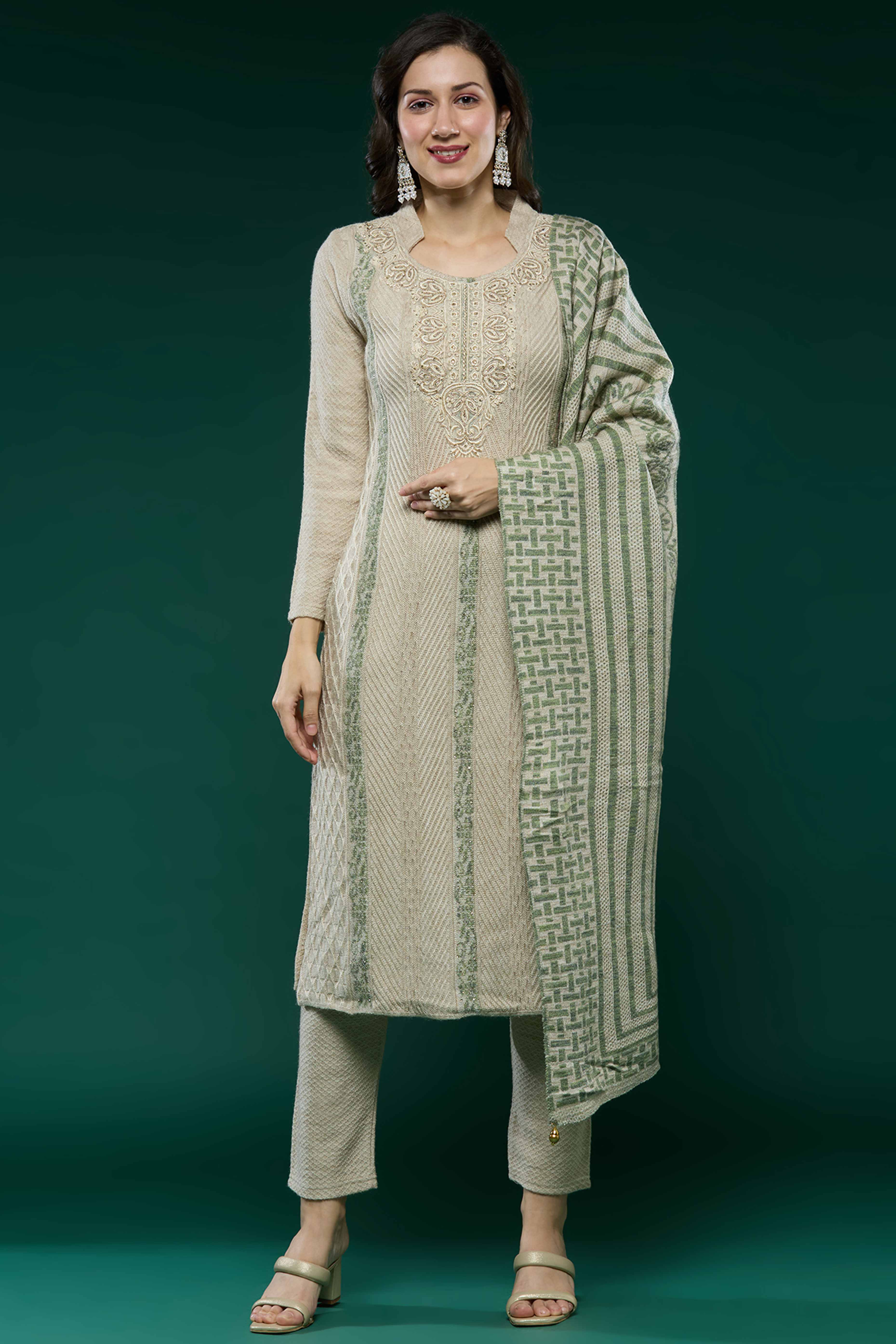 Beige Woven Woolen Straight Salwar Suit - Image 6