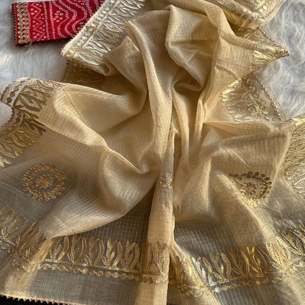 Beige Festive Kota Doria Saree Decorated with Classic Gota Work Embroidery - Image 2