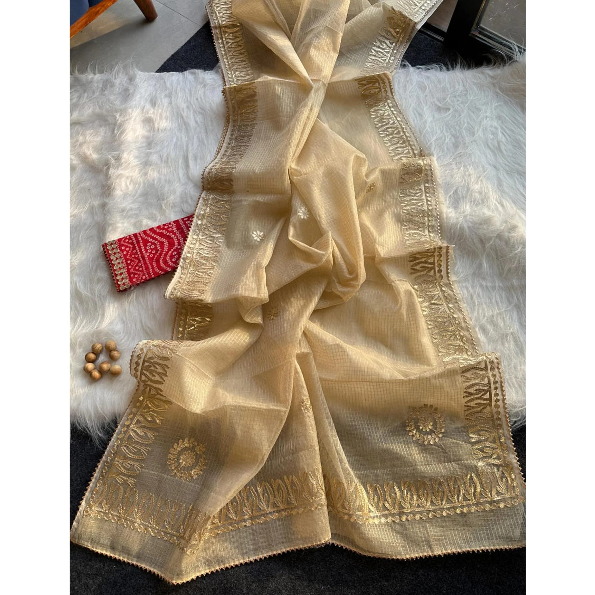 Beige Festive Kota Doria Saree Decorated with Classic Gota Work Embroidery - Image 3