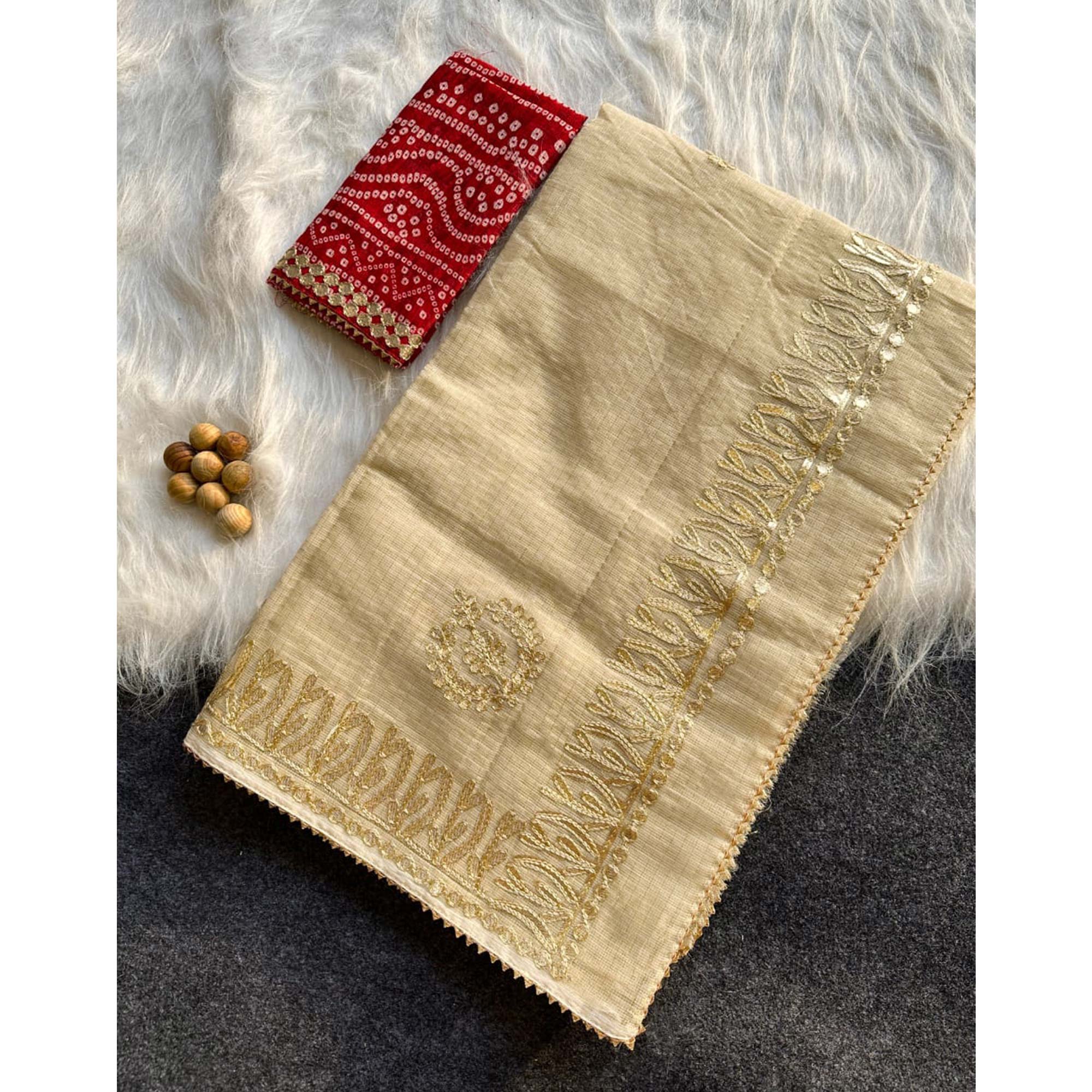 Beige Festive Kota Doria Saree Decorated with Classic Gota Work Embroidery - Image 4