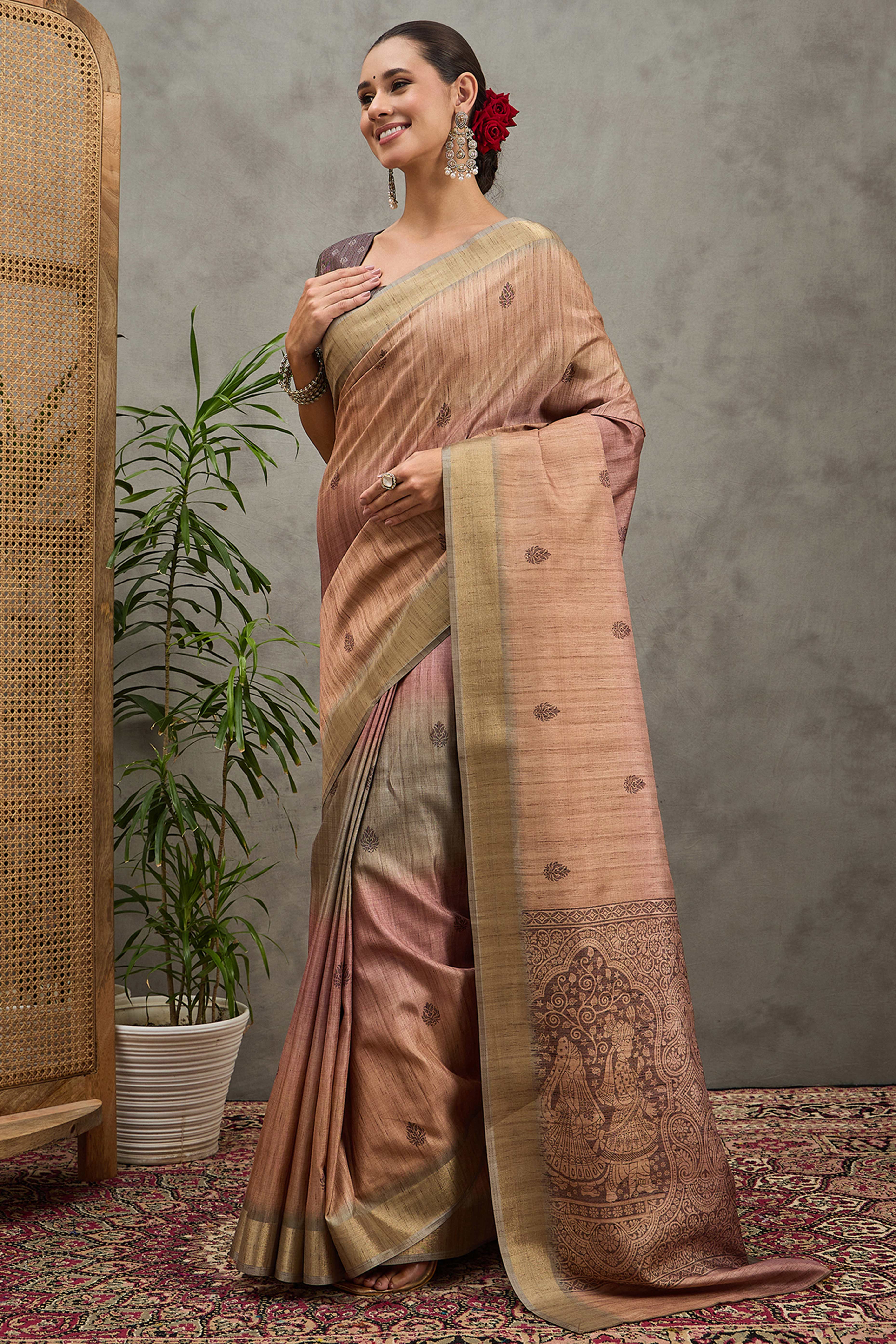 Beige Festive Wear Art Silk Saree Featuring Intricate Floral Weaving - Image 3