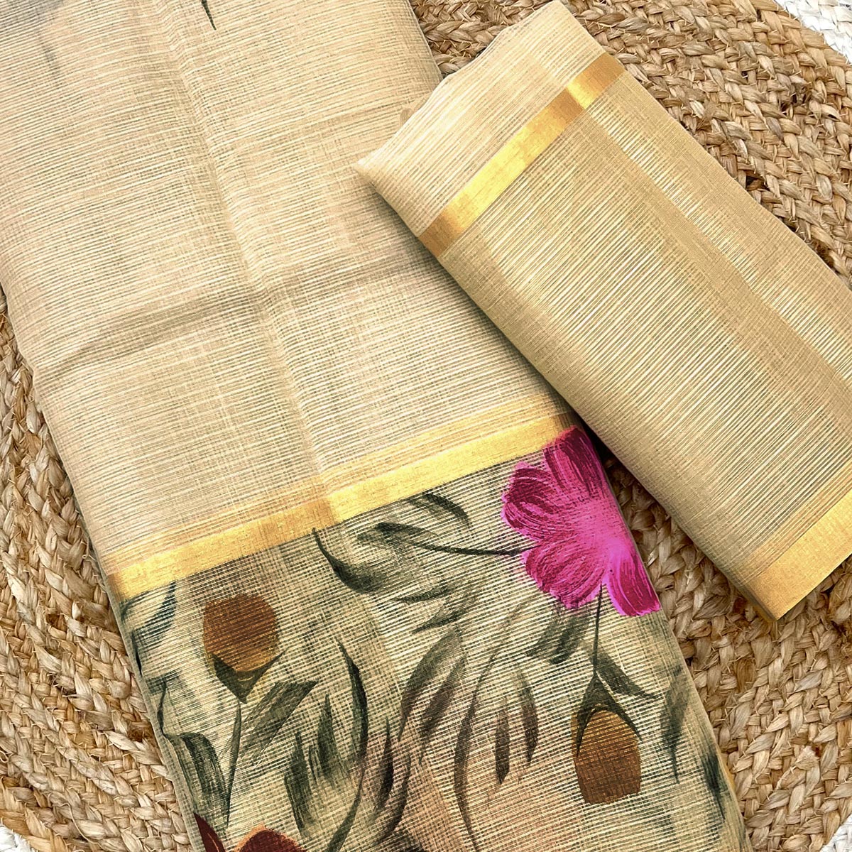 Beige Floral Brush-Painted Kota Doria Saree with Elegant Artistic Detailing - Image 2