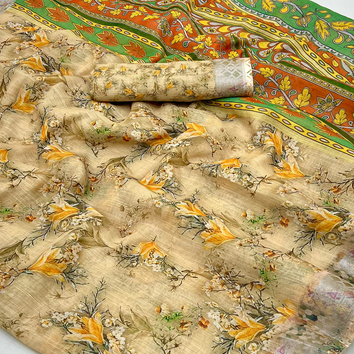 Beige Floral Digital Printed Linen Saree With Zari Border - Image 2