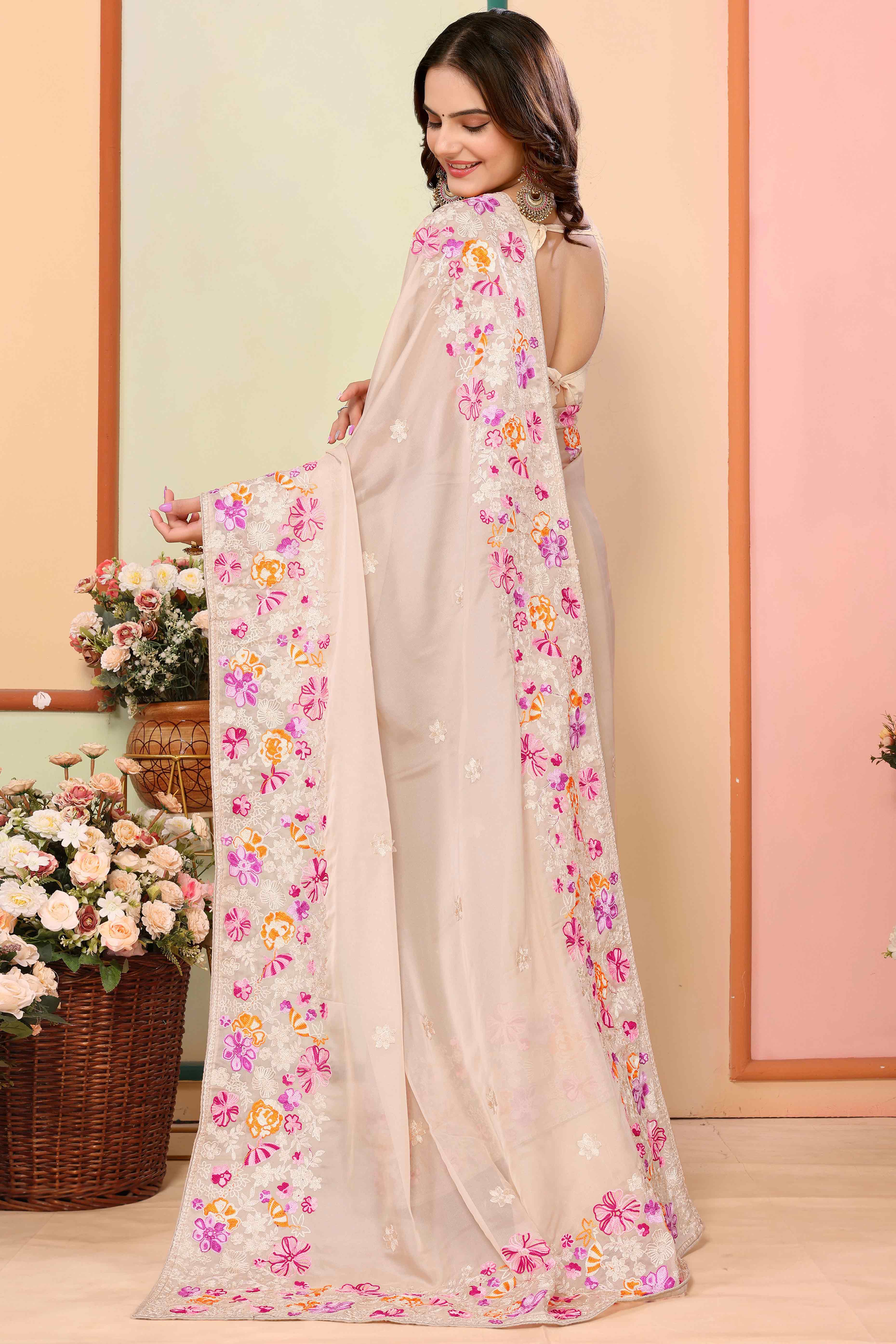 Beige Floral Embroidered Organza Saree - Image 4
