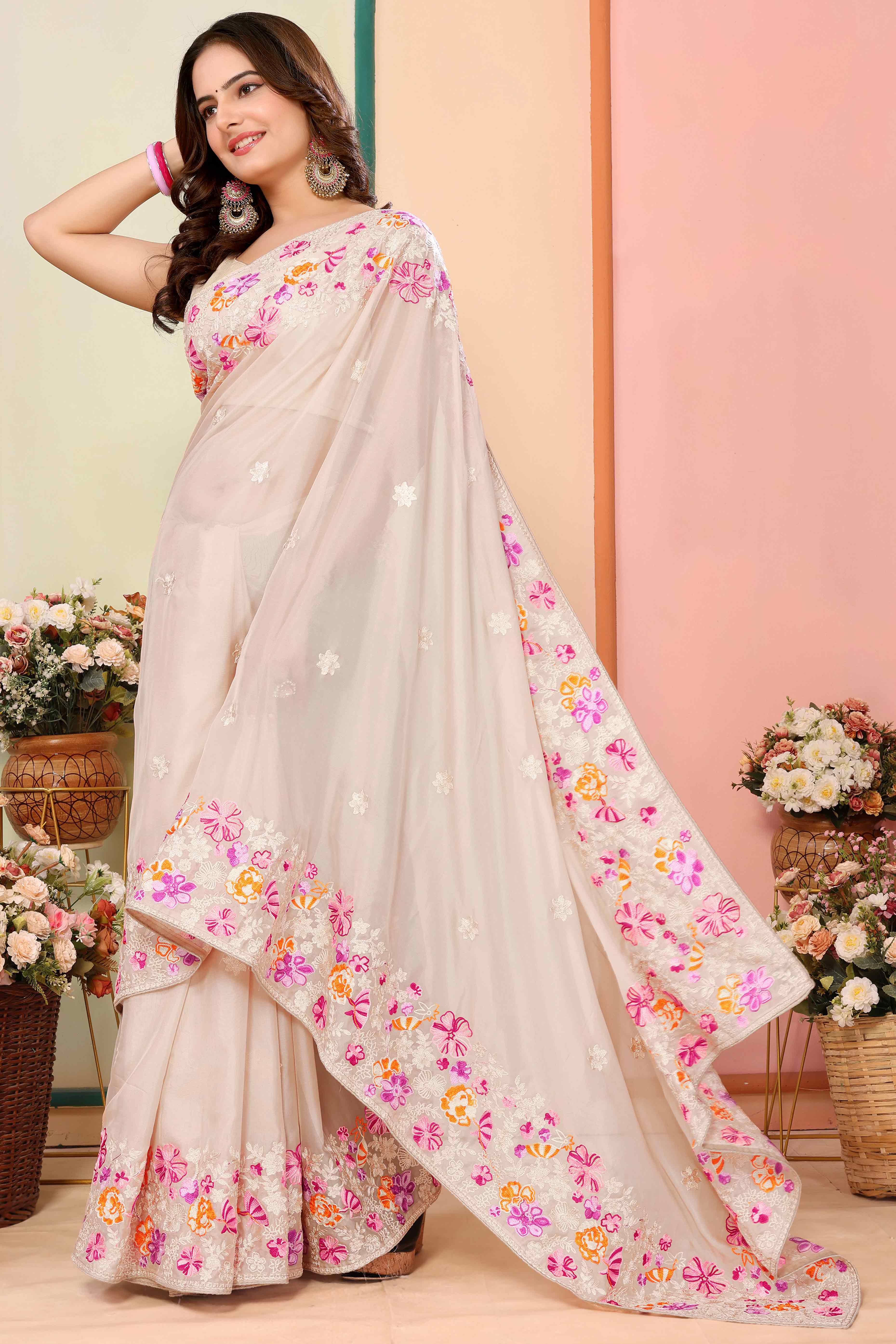 Beige Floral Embroidered Organza Saree - Image 5