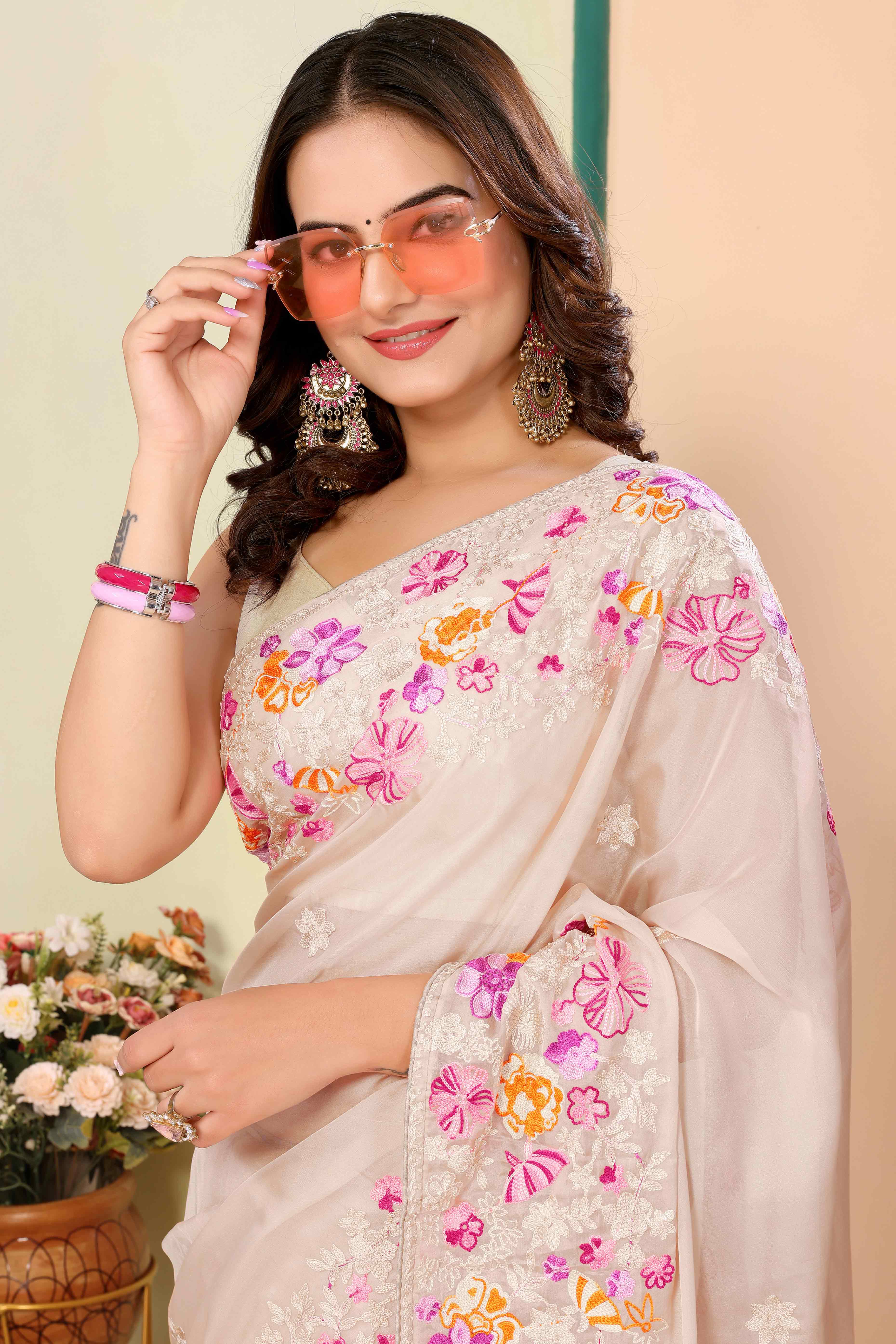 Beige Floral Embroidered Organza Saree - Image 6