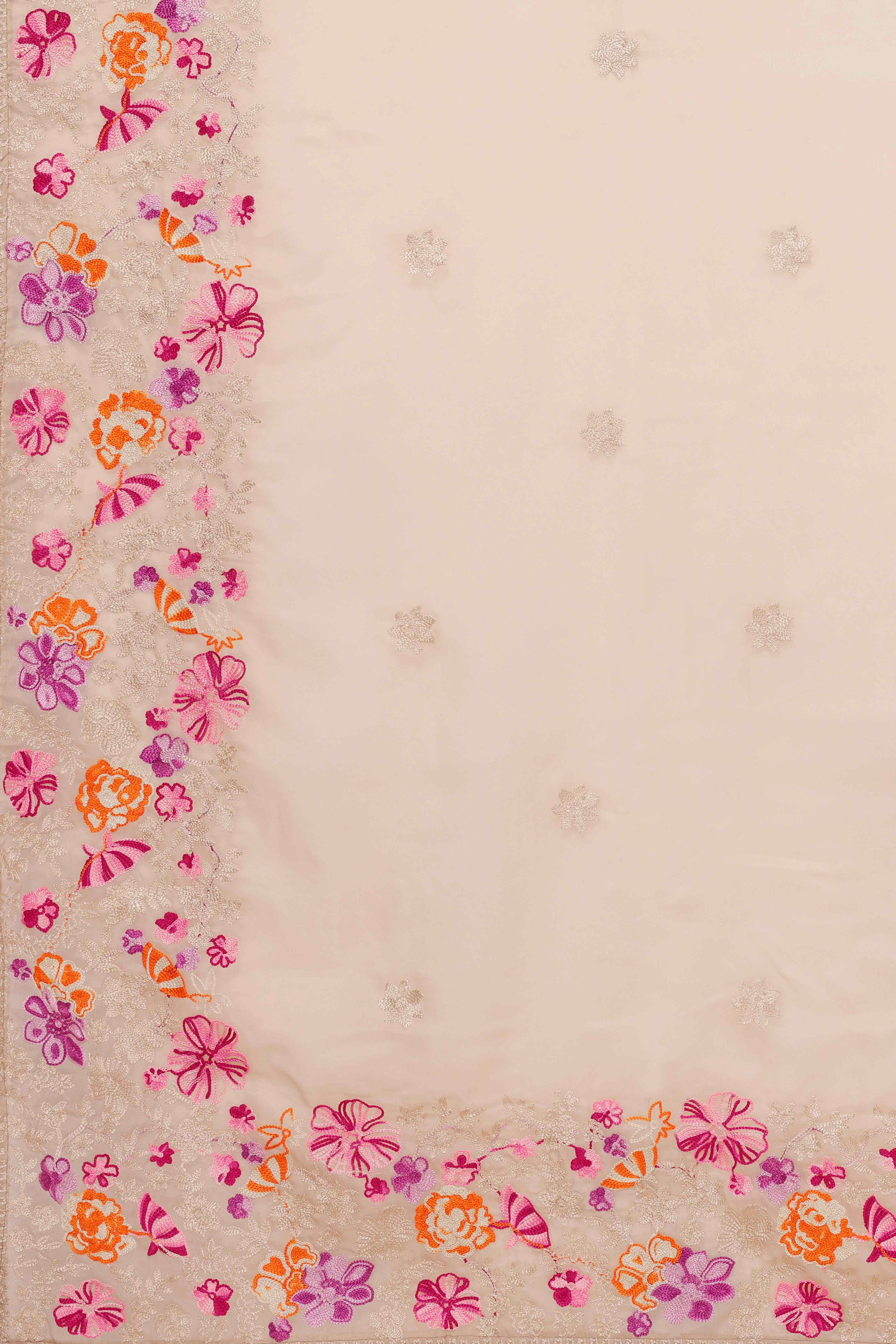 Beige Floral Embroidered Organza Saree - Image 7