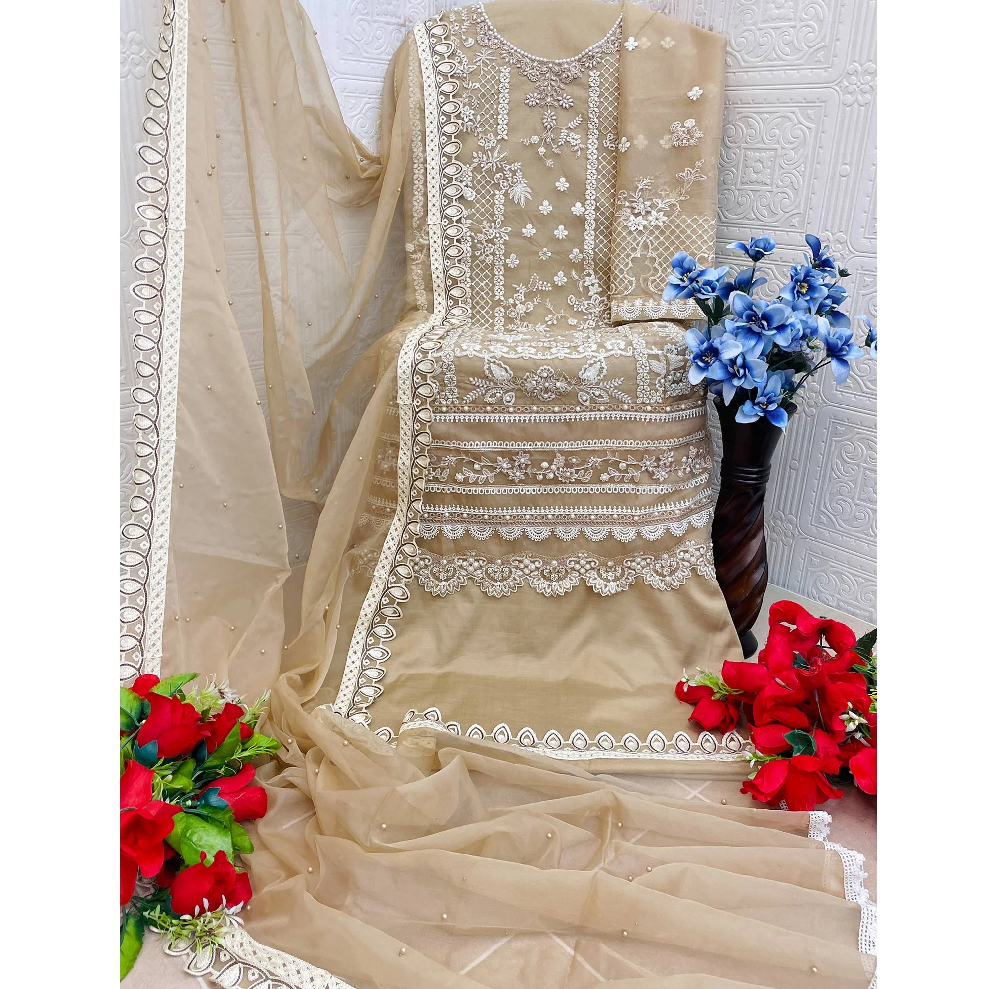 Beige Floral Embroidery With Moti Work Organza Semi Stitched Pakistani Suit - Image 4