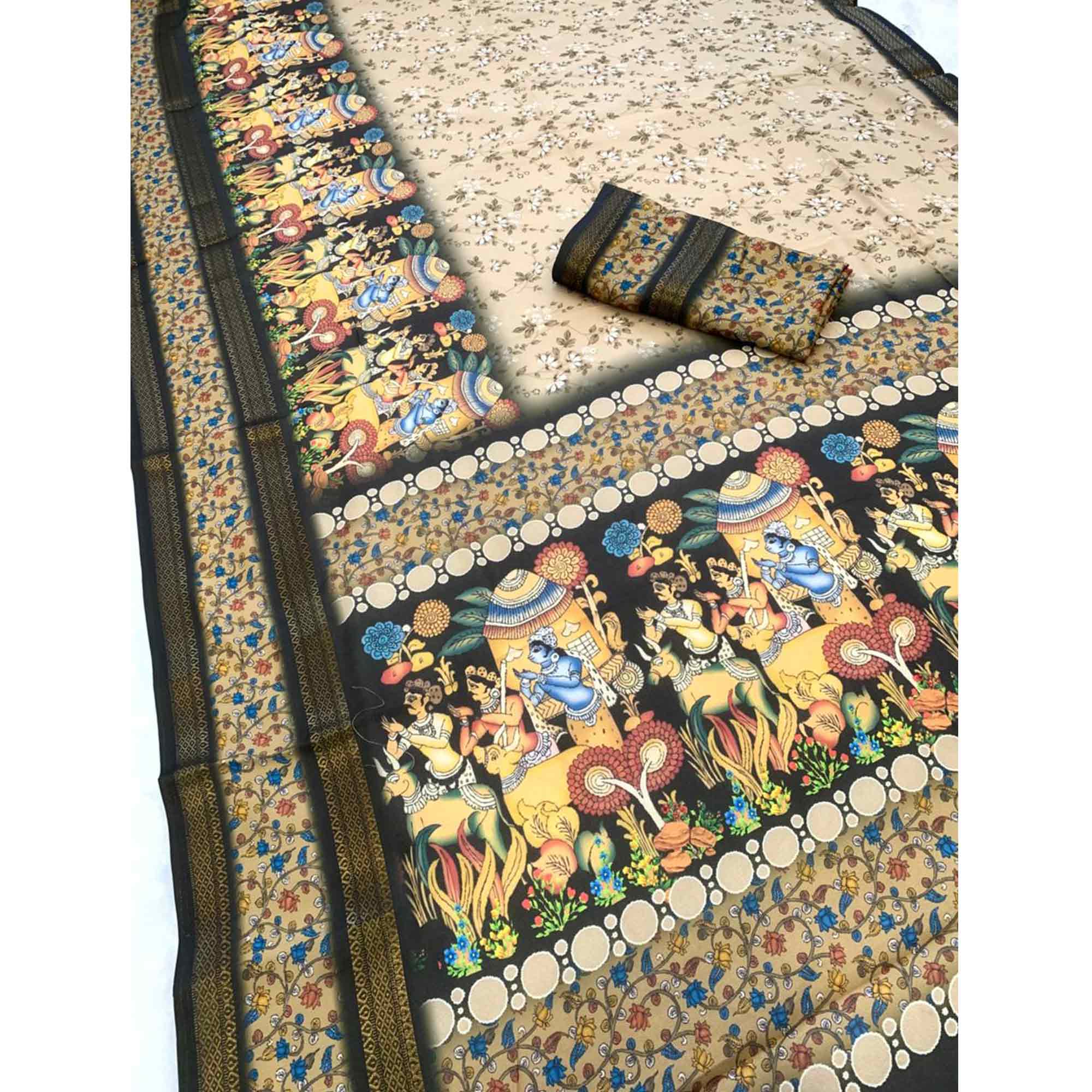 Beige Floral Moss Georgette Saree with Elegant Drape & Soft Texture - Image 3