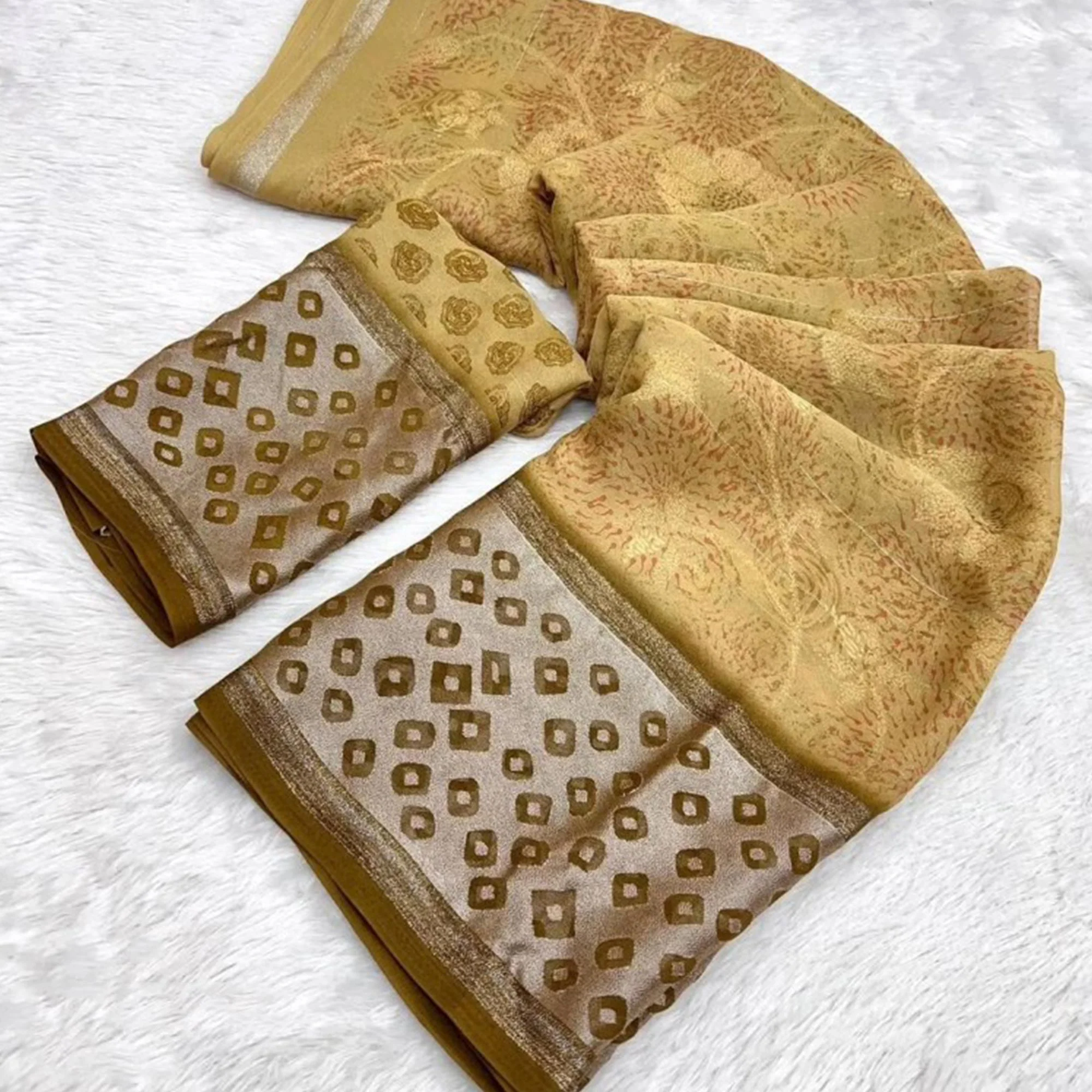 Beige Floral Printed Chiffon Saree