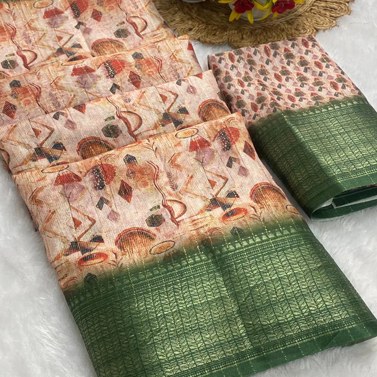 Beige Floral Printed Dola Silk Saree With Elegant Silver Zari & Intricate Weaving Border - Image 2
