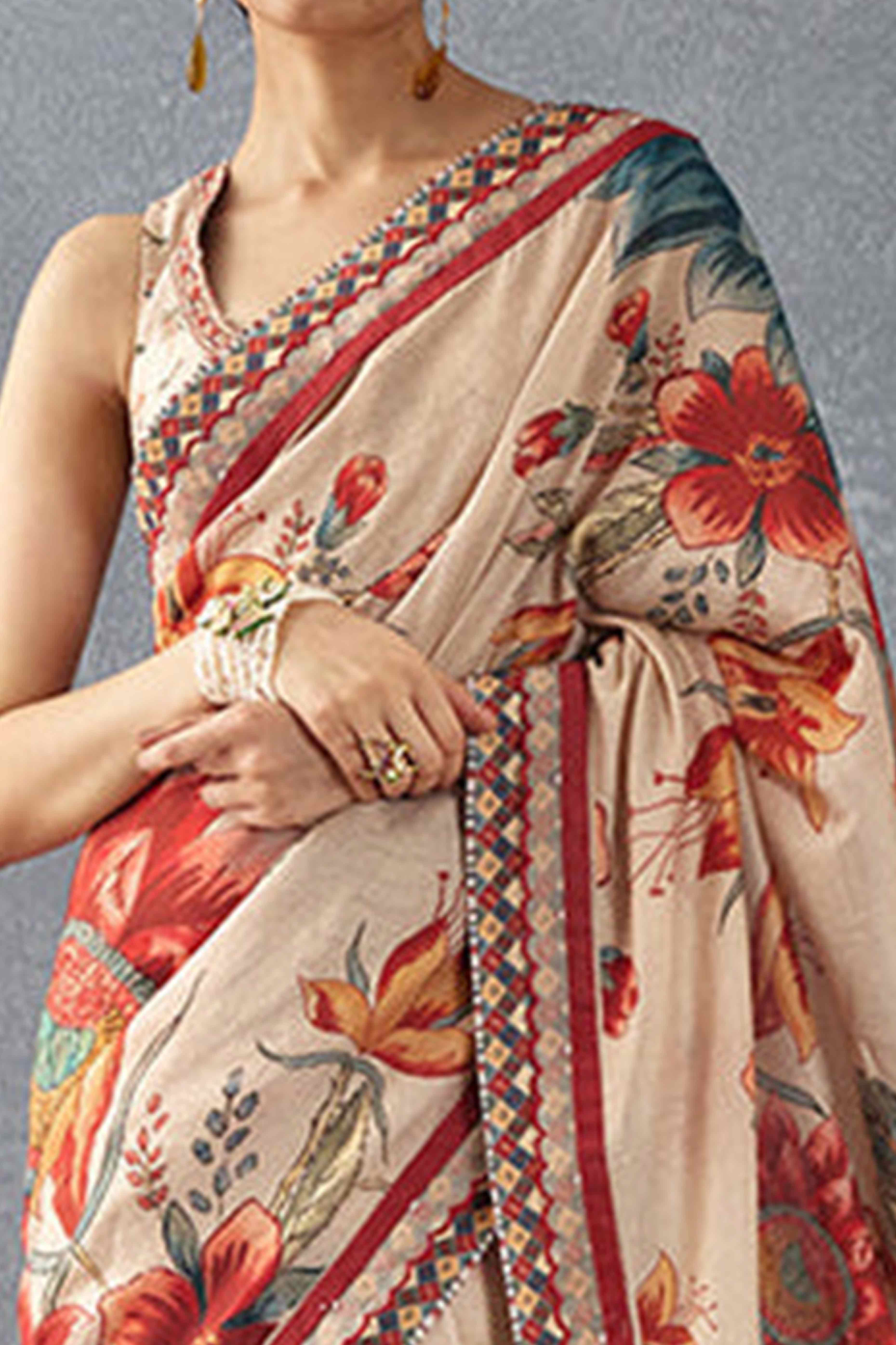 Beige Floral Printed Moss Chiffon Saree With Tassels - Image 2