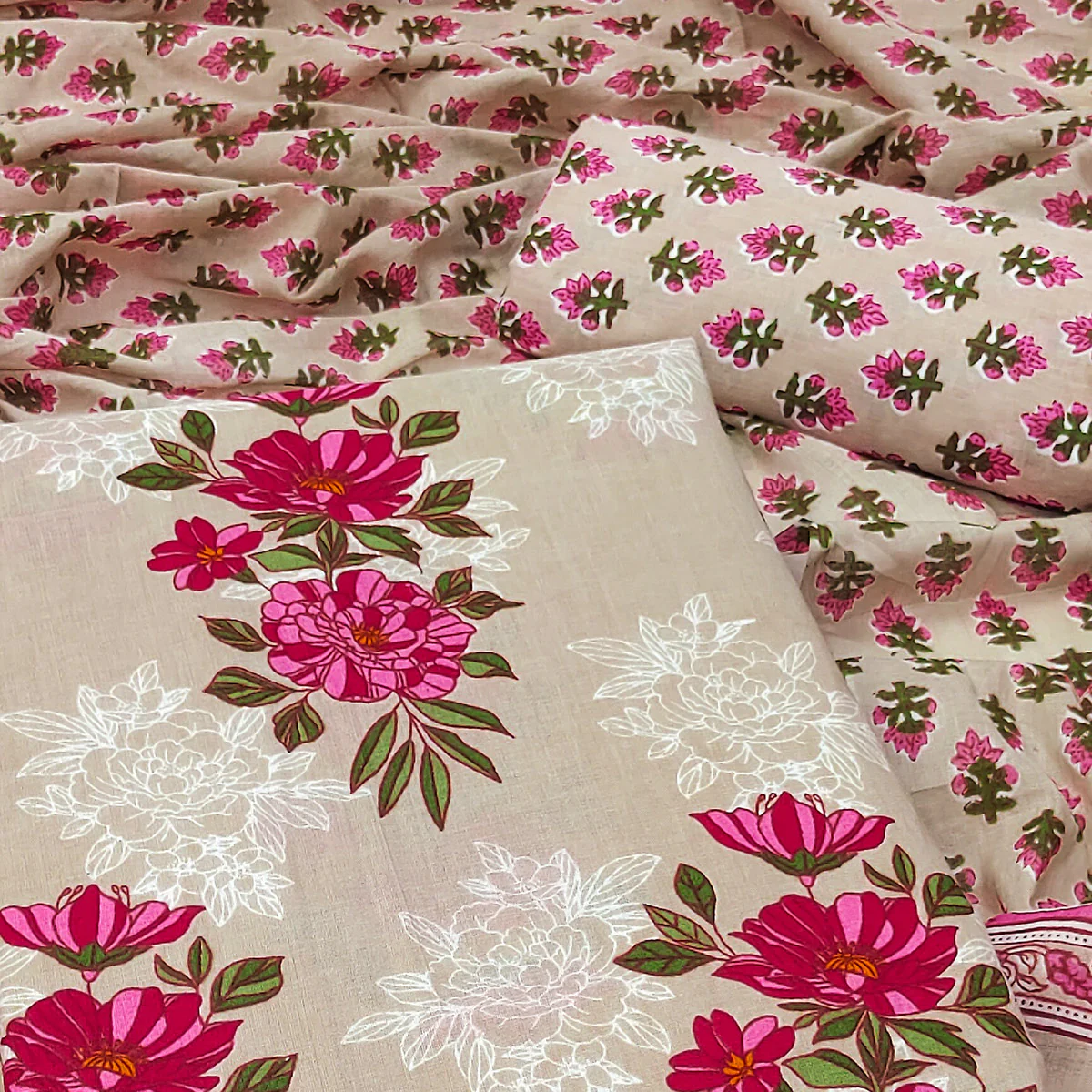 Beige Floral Printed Pure Cotton Dress Material - Image 2