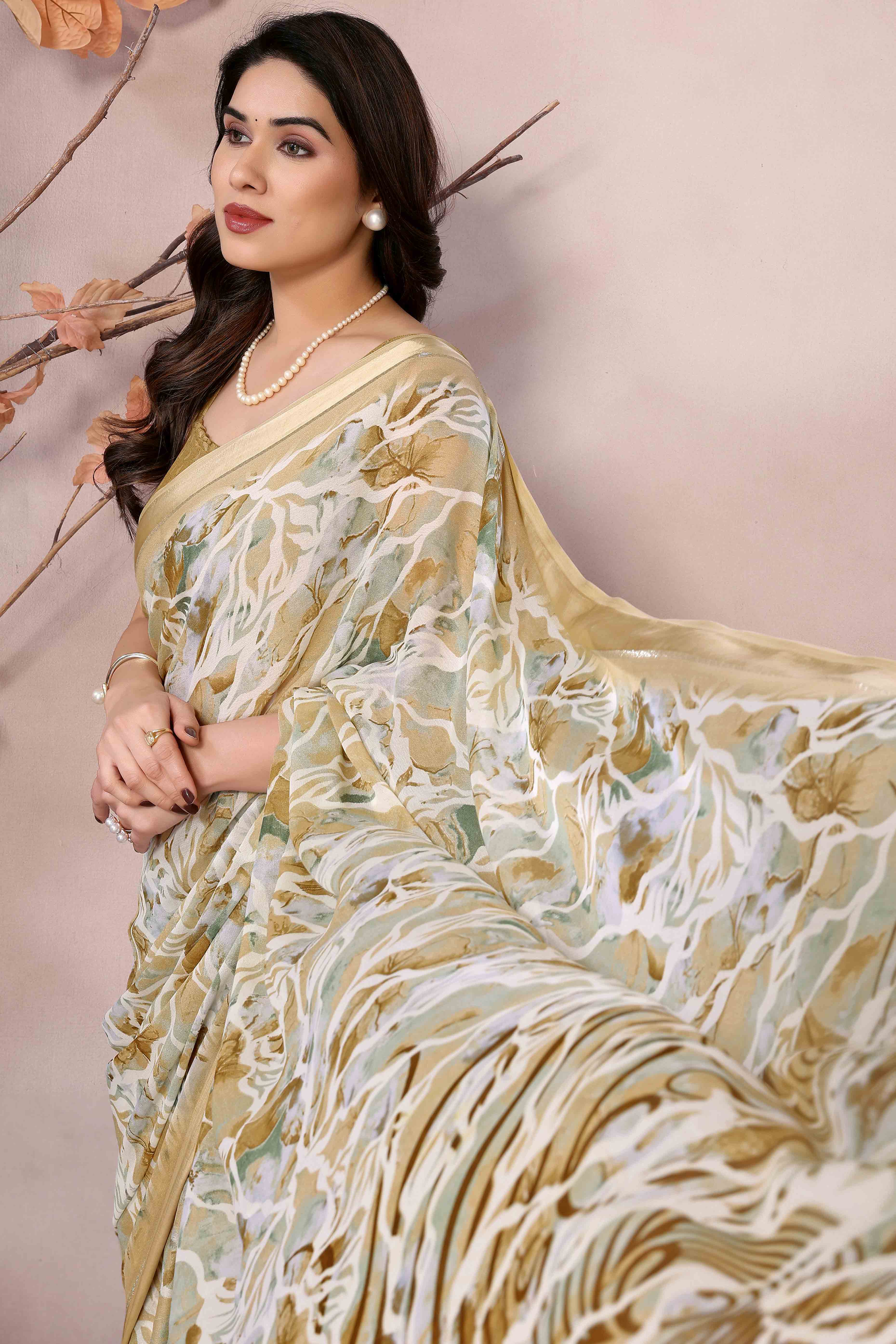 Beige Floral Printed Satin Saree - Image 4