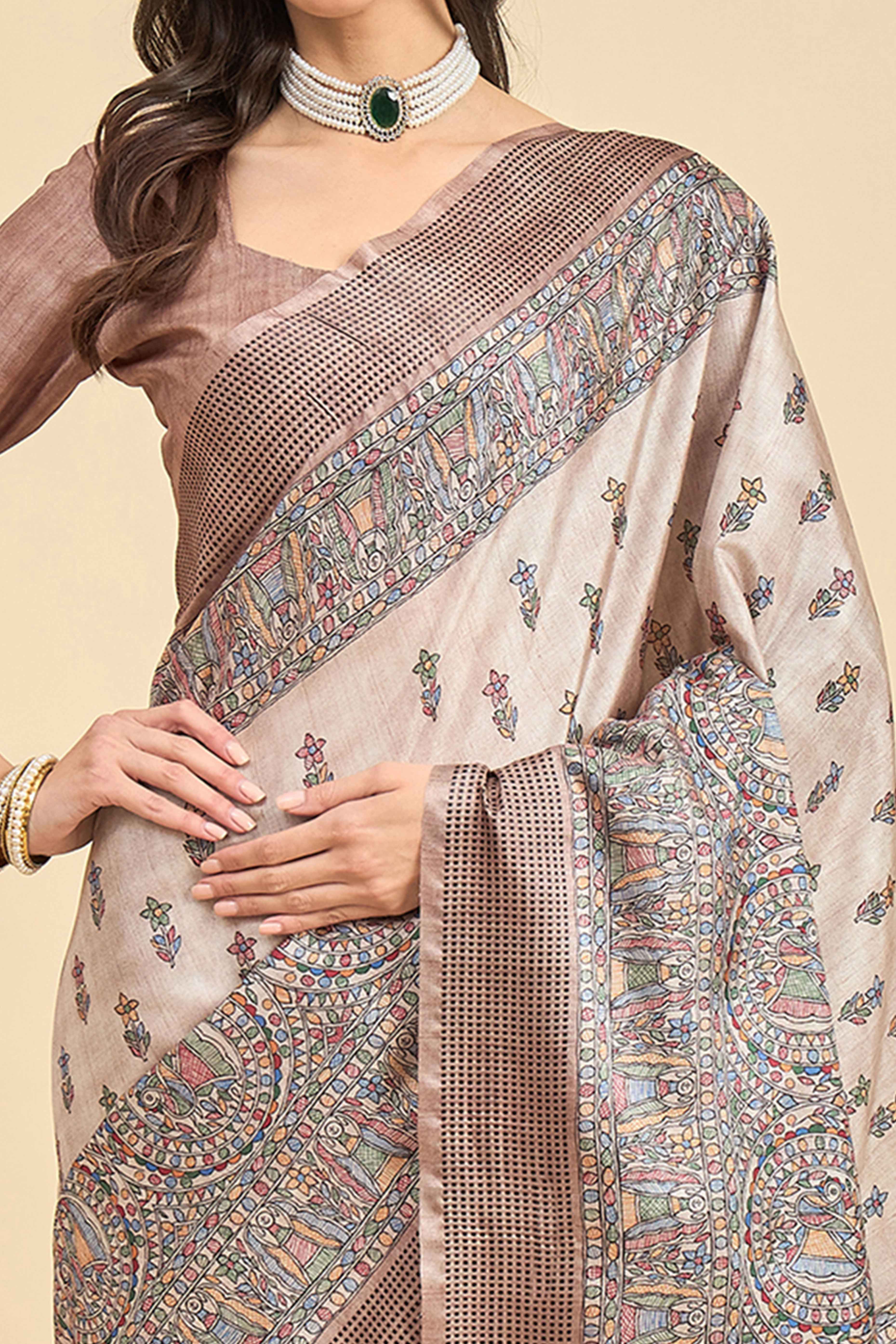 Beige Floral Printed Silk Blend Saree - Image 2