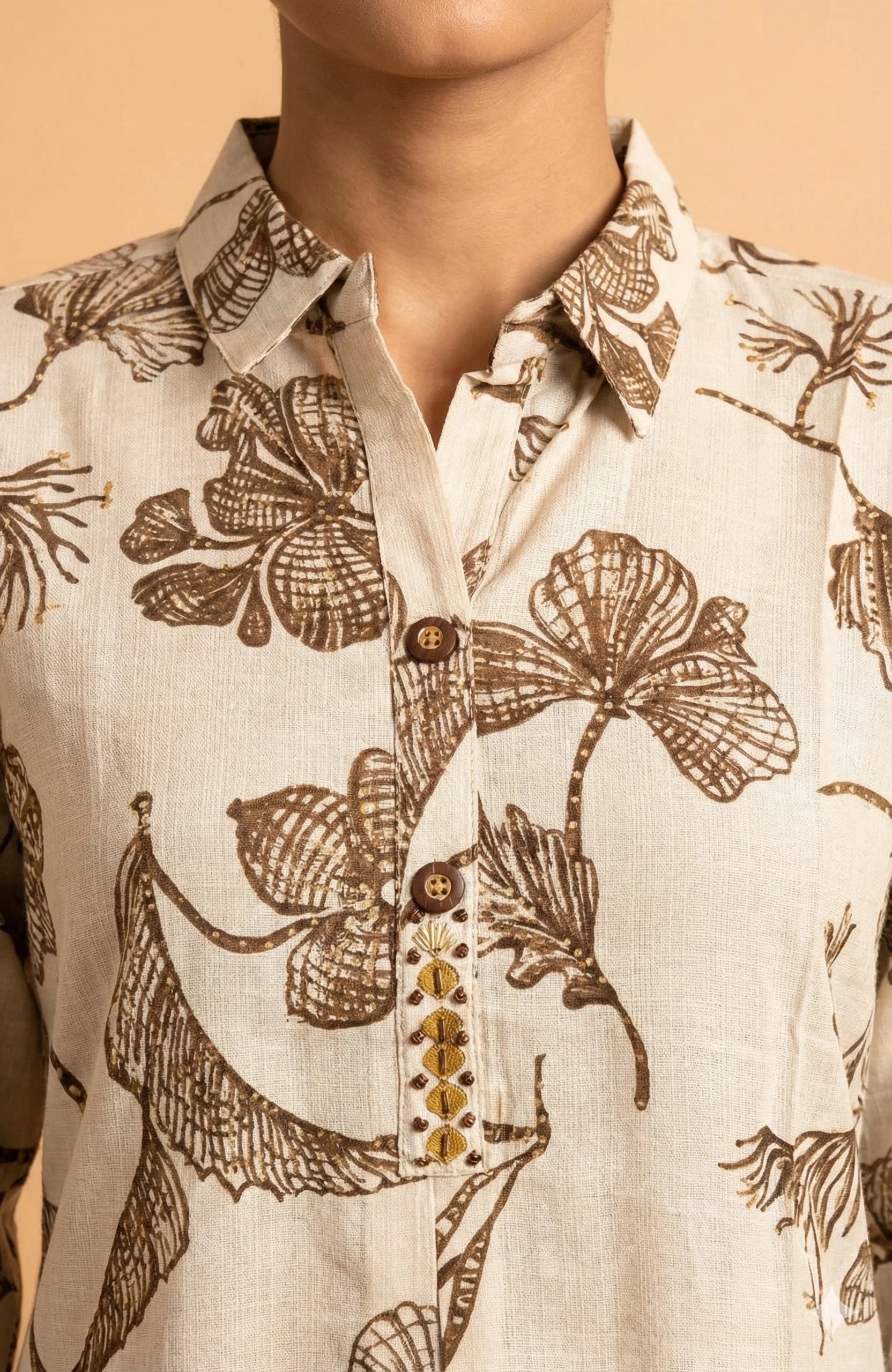 Beige Floral Printed Viscose Straight Cut Top Bottom Set with Minimal Ethnic Charm - Image 2