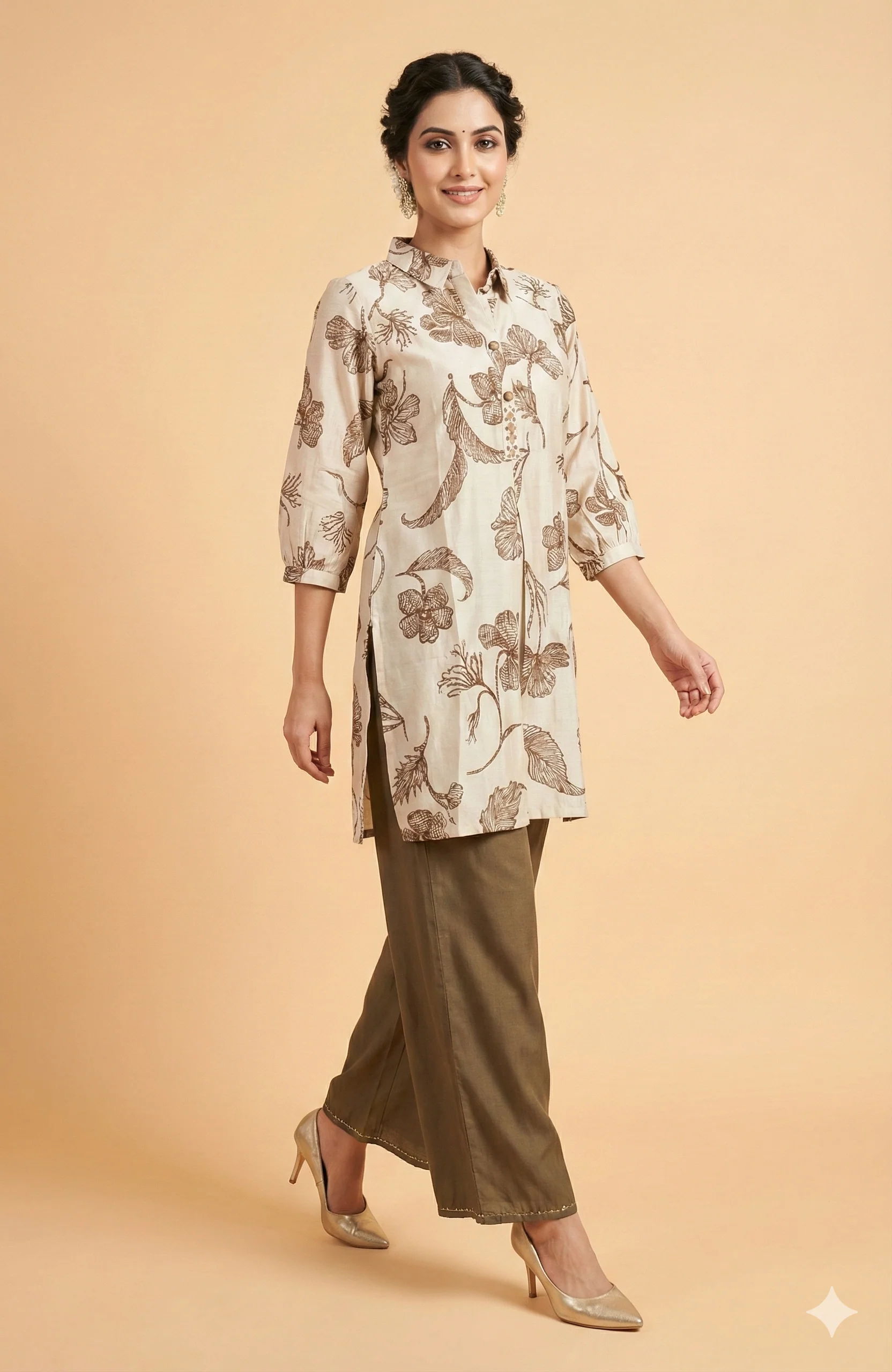 Beige Floral Printed Viscose Straight Cut Top Bottom Set with Minimal Ethnic Charm - Image 4