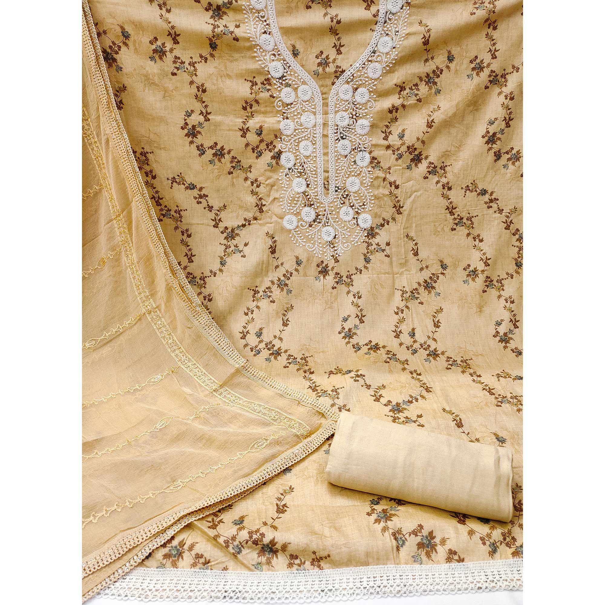 Beige Floral Printed With Embroidery Pure Cotton Dress Material - Image 3