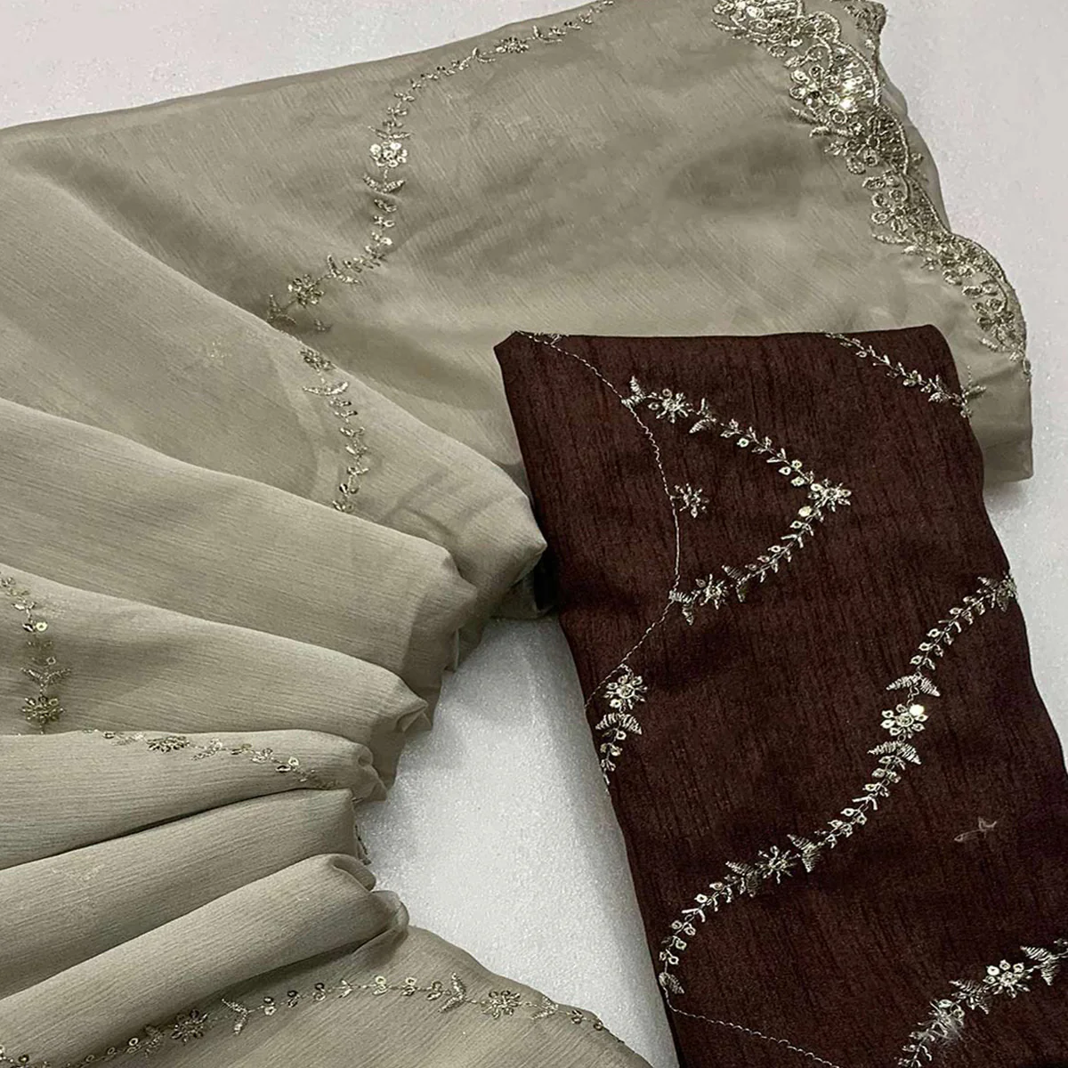 Beige Floral Sequins Embroidered Chiffon Saree - Image 2