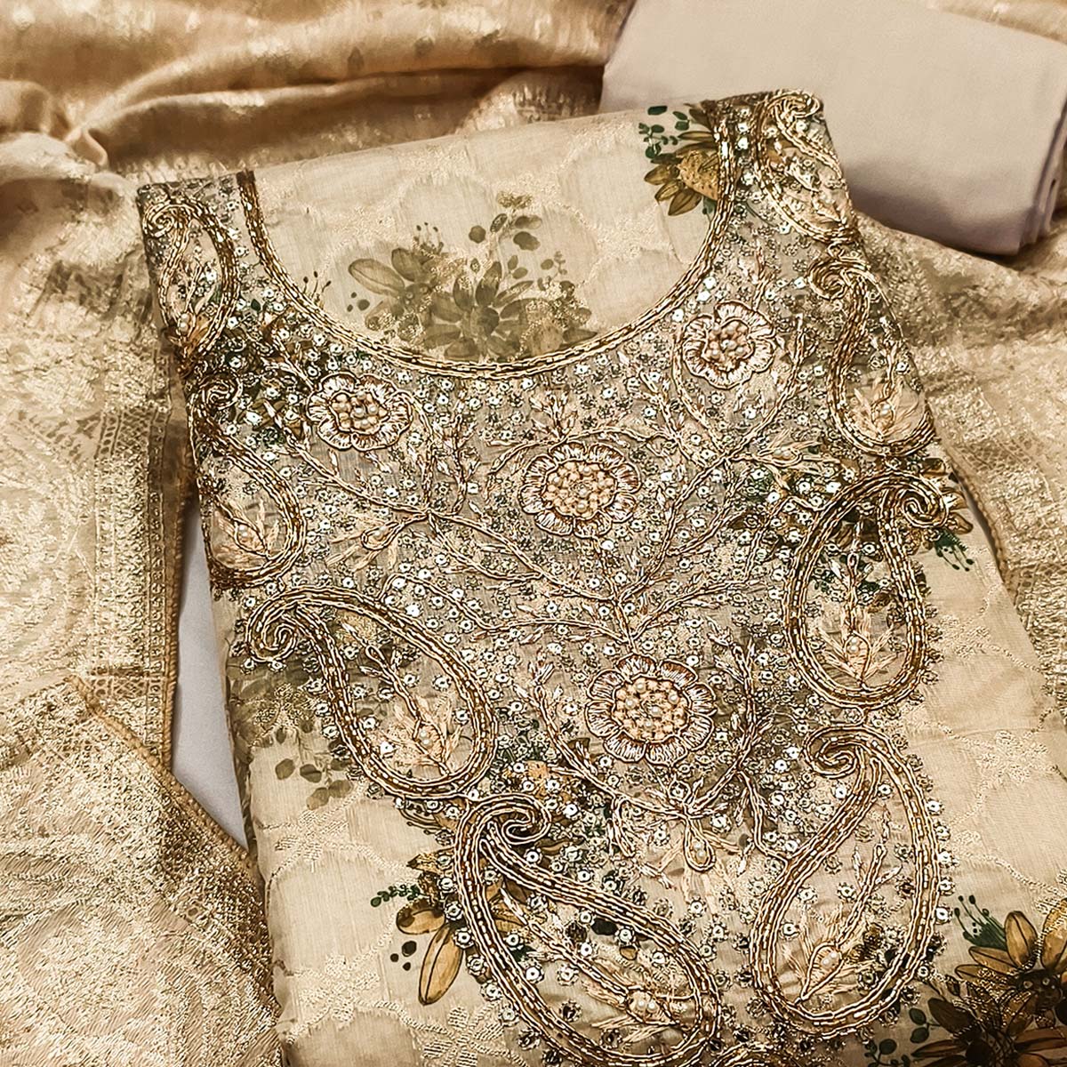 Beige Floral Weaving & Digital Printed Banarasi Silk Dress Material With Cording Embroidery - Image 2