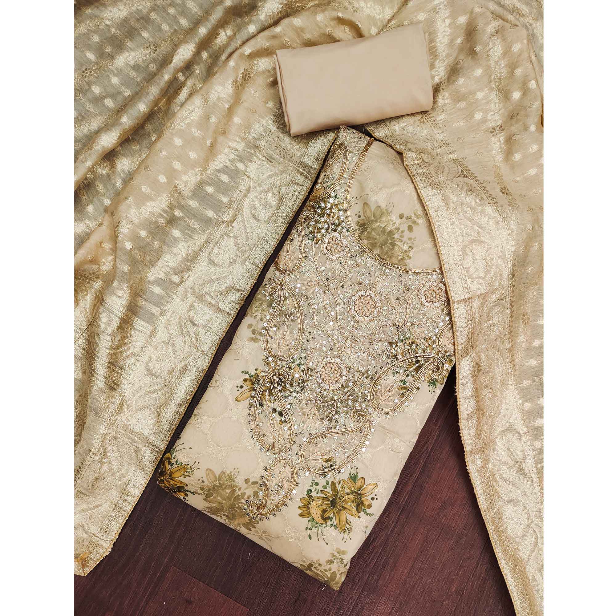 Beige Floral Weaving & Digital Printed Banarasi Silk Dress Material With Cording Embroidery - Image 3