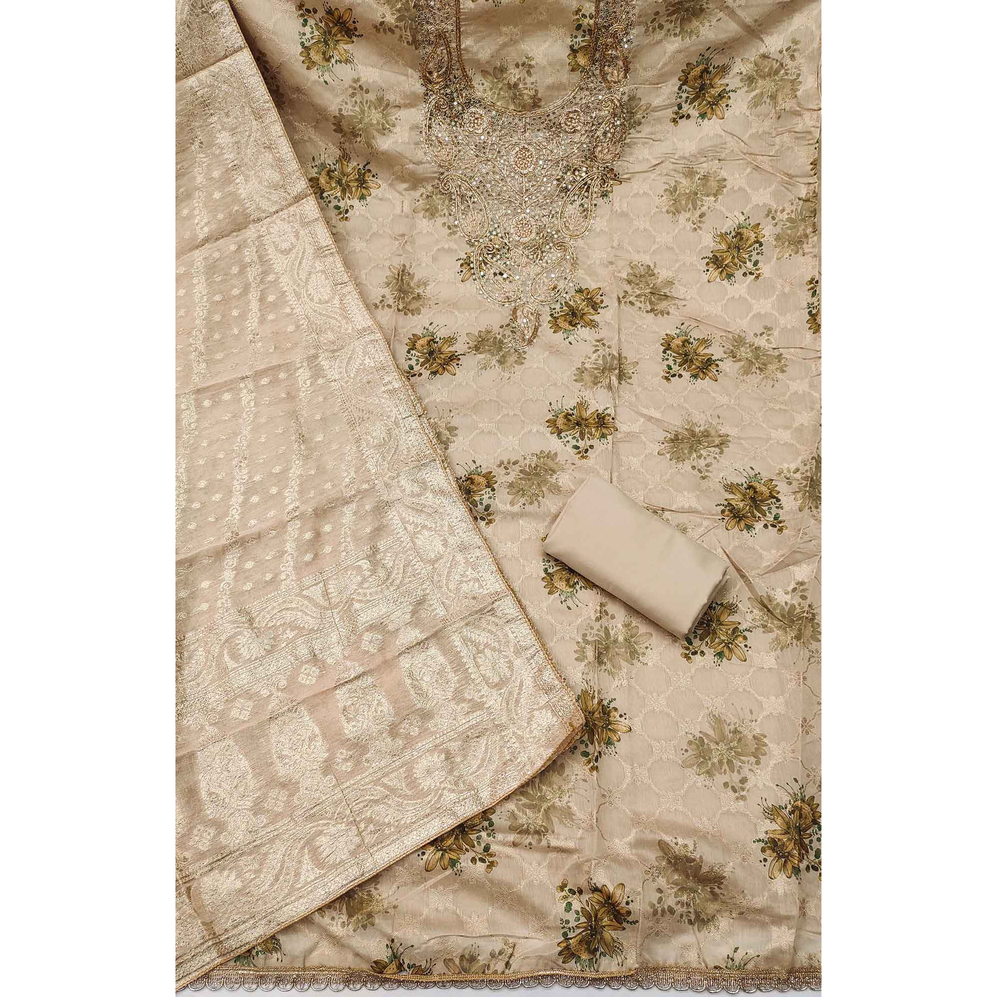 Beige Floral Weaving & Digital Printed Banarasi Silk Dress Material With Cording Embroidery - Image 4