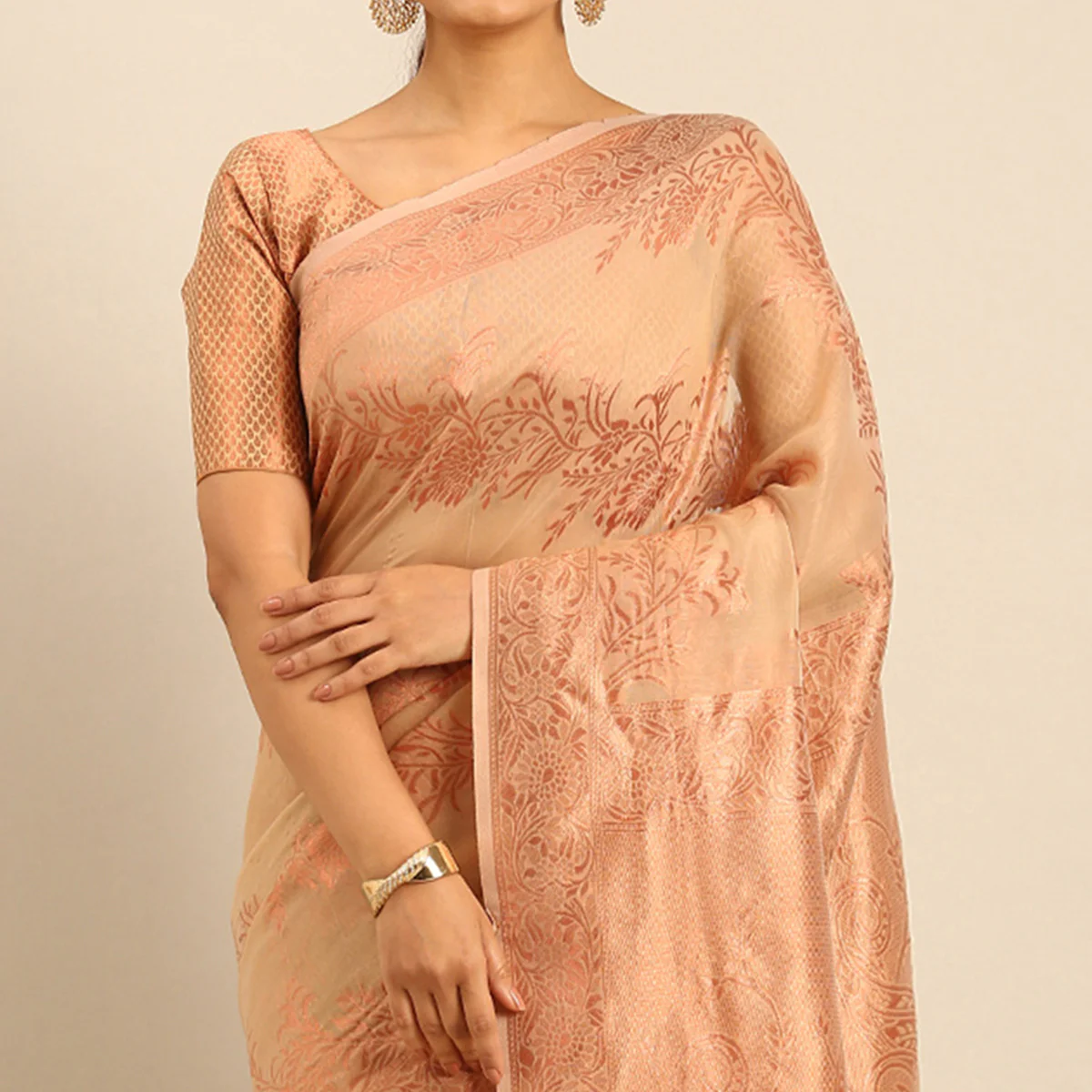 Beige Floral Woven Cotton Silk Saree - Image 3