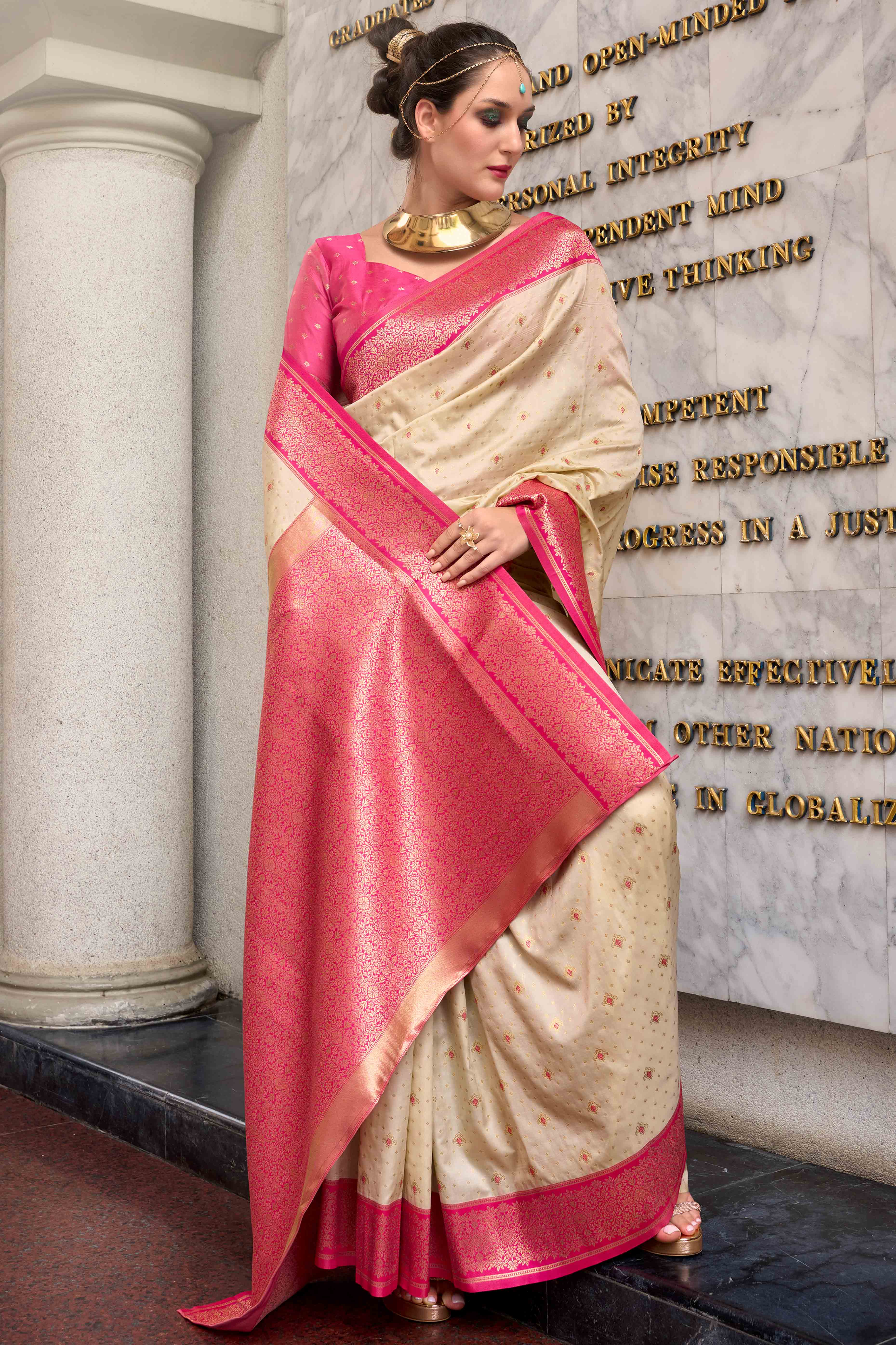 Beige Floral Woven Pure Silk Saree - Image 3