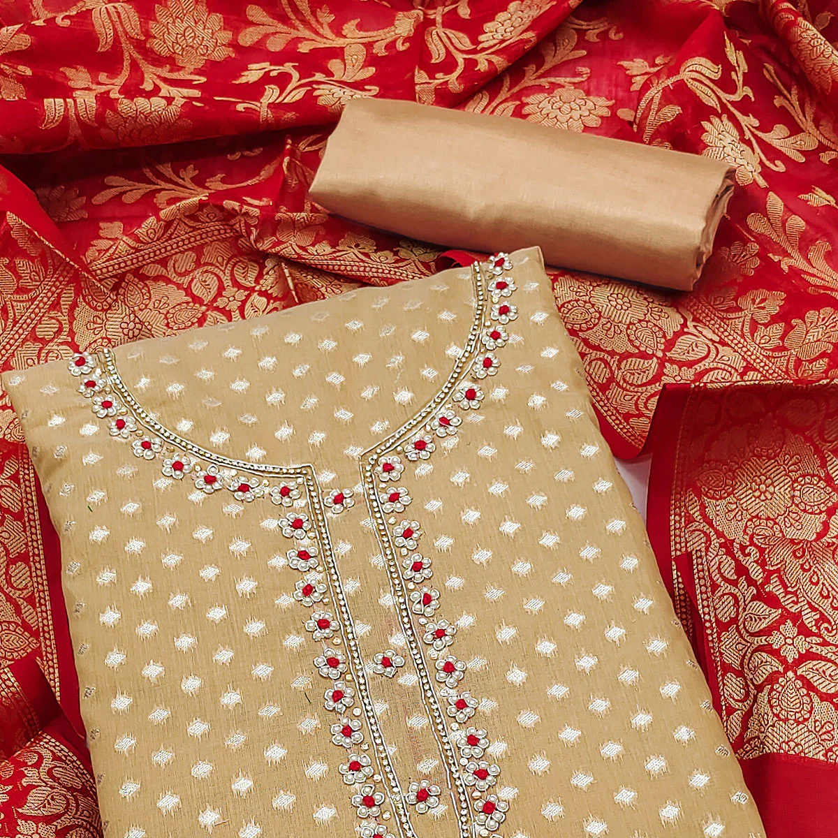 Beige Floral Woven With Handwork Banarasi Silk Jacquard Dress Material - Image 2