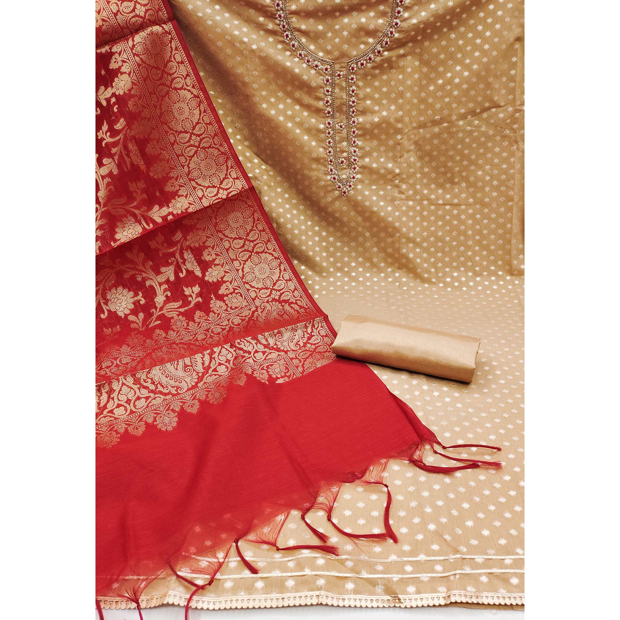 Beige Floral Woven With Handwork Banarasi Silk Jacquard Dress Material - Image 3
