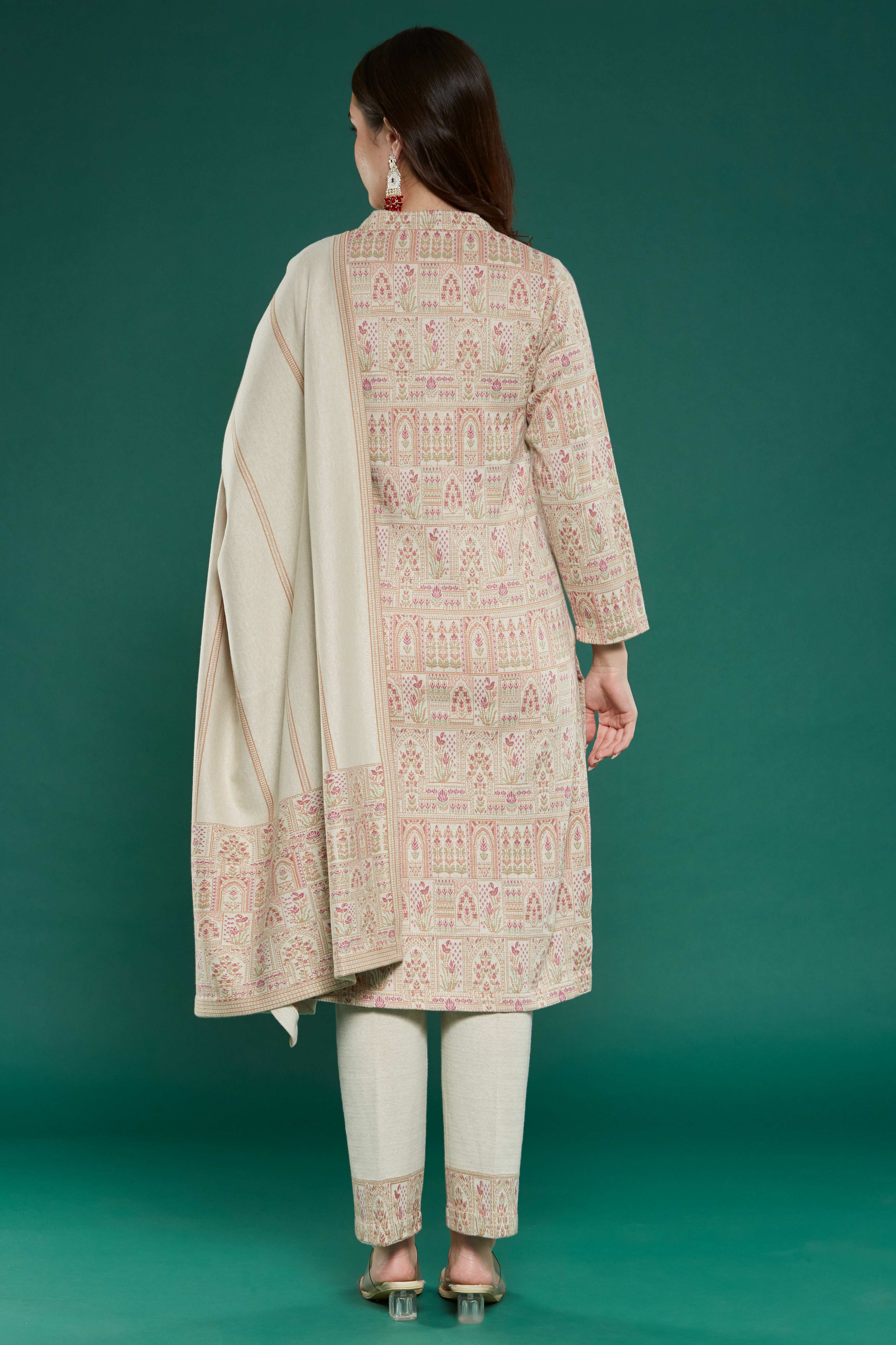 Beige Floral Woven Woolen Straight Salwar Suit - Image 3