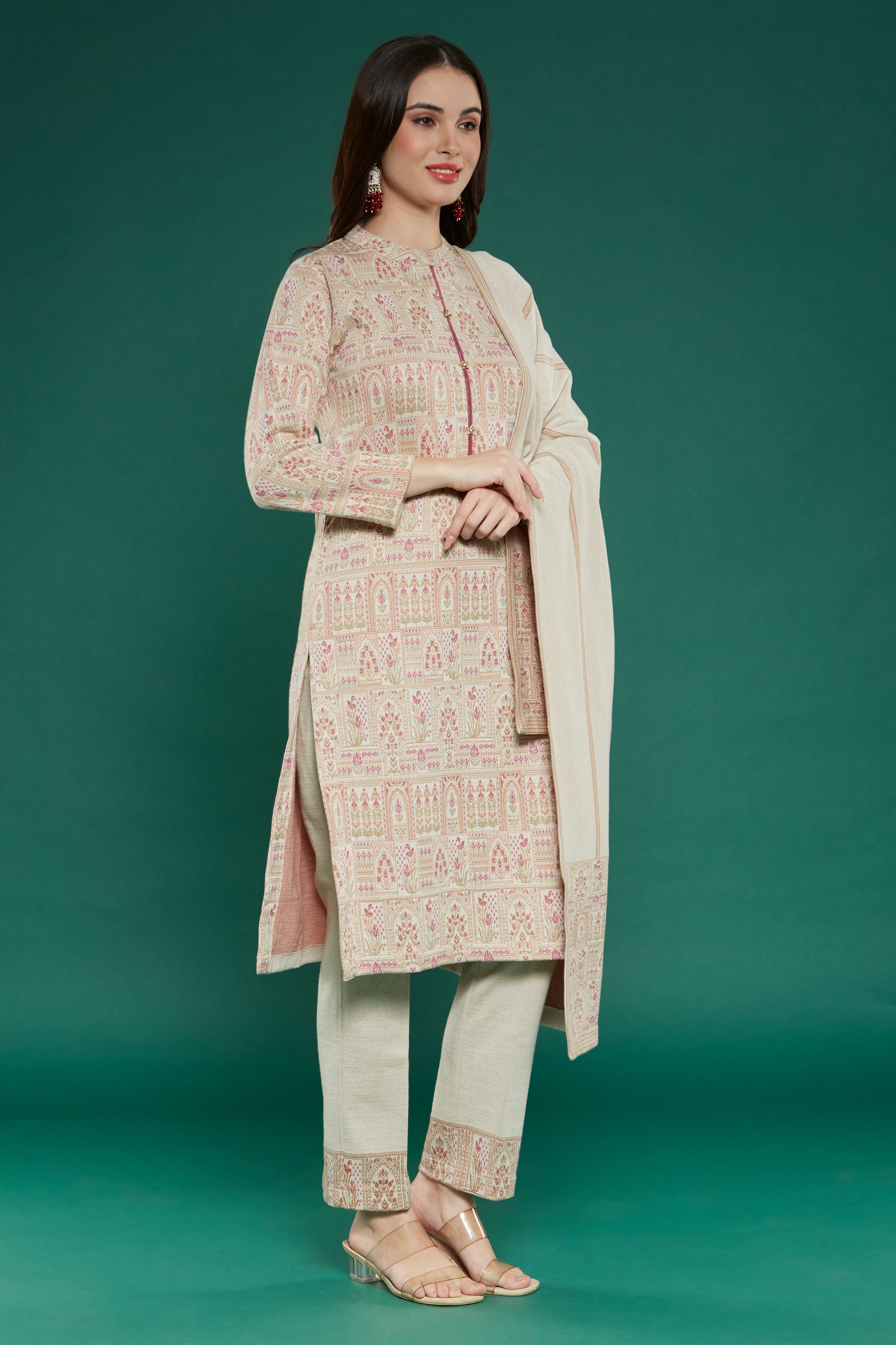 Beige Floral Woven Woolen Straight Salwar Suit - Image 4