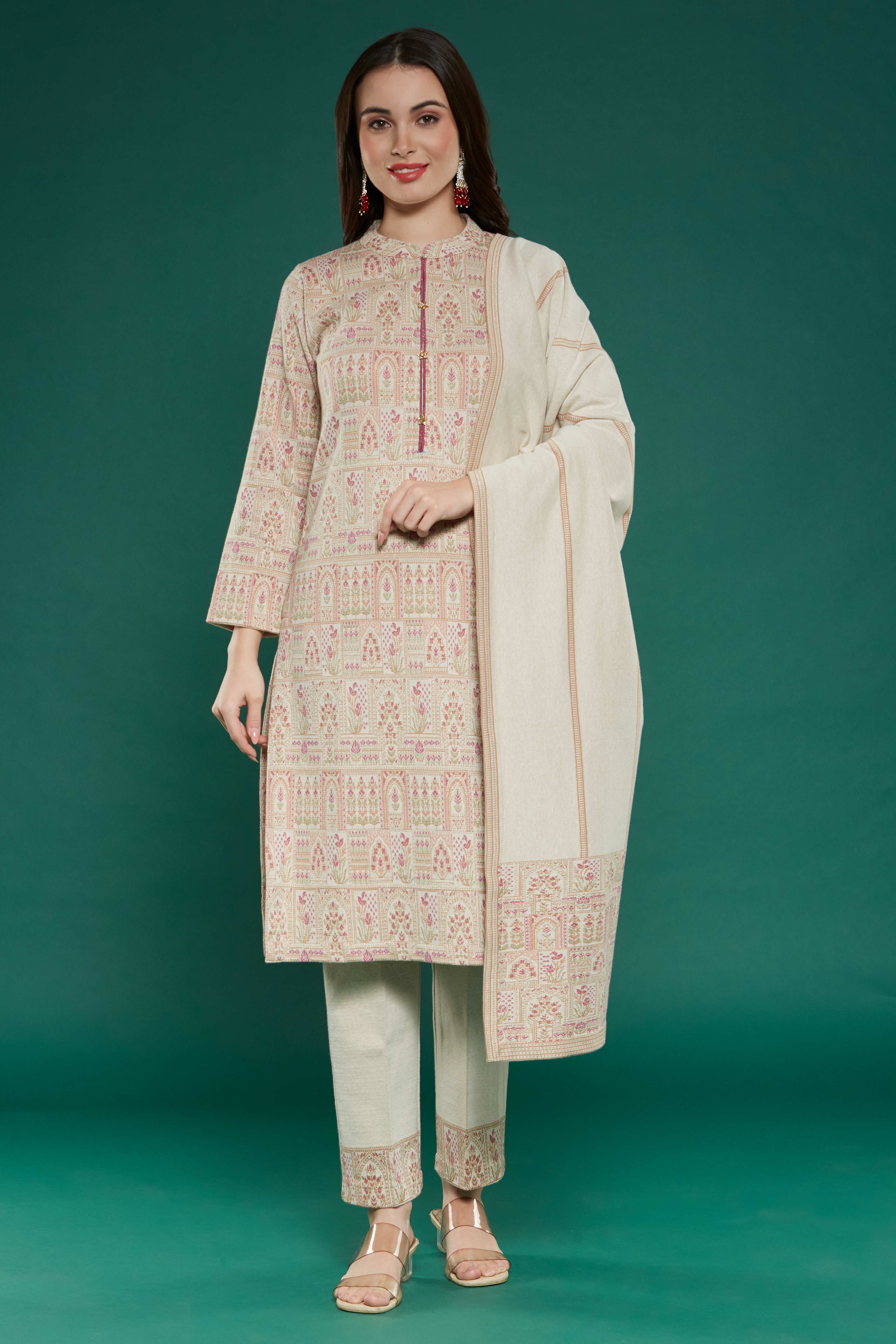 Beige Floral Woven Woolen Straight Salwar Suit - Image 6