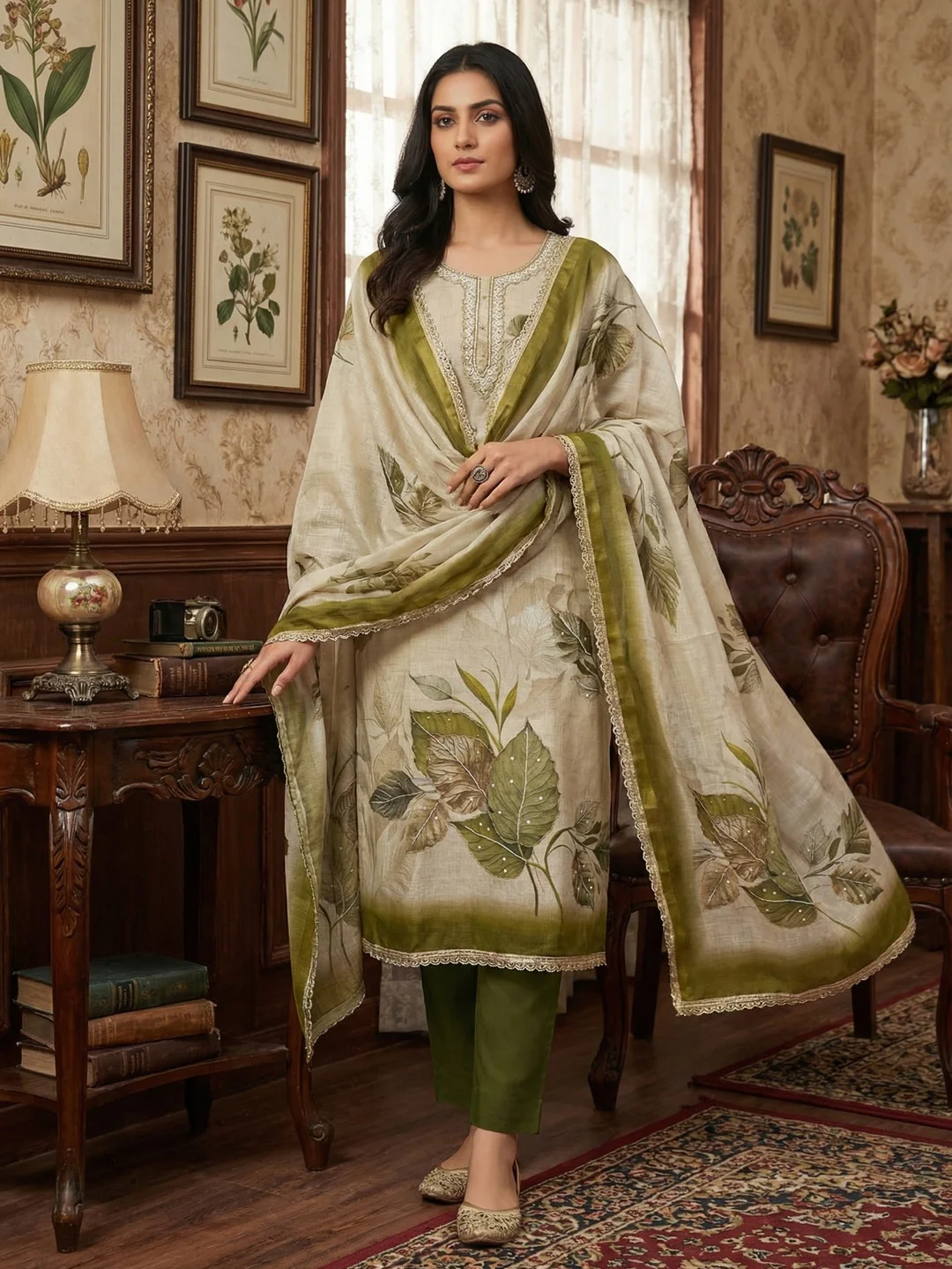 Beige & Green Linen Floral Printed Unstitched Suit Material for Stylish Traditional Outfits