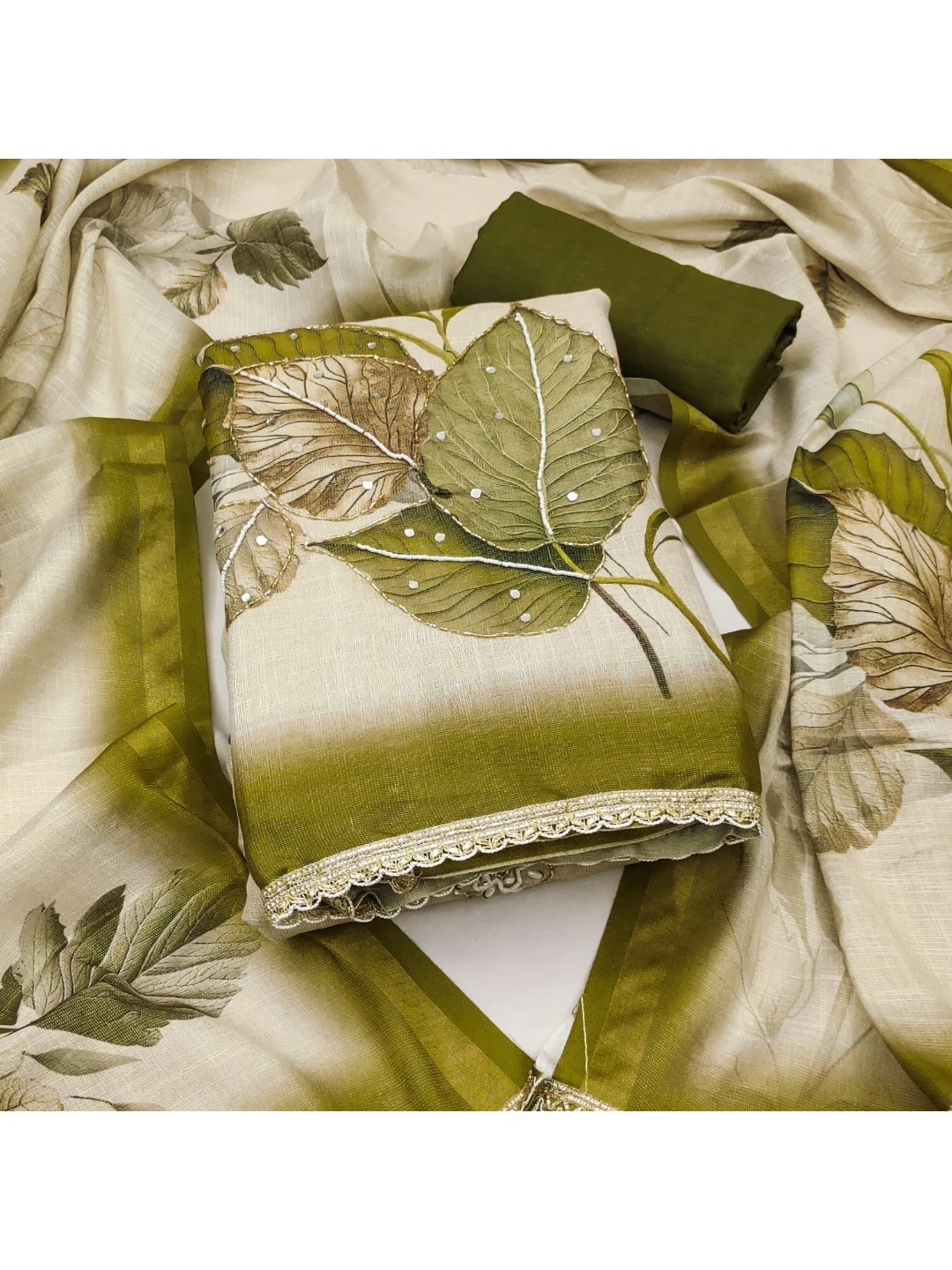 Beige & Green Linen Floral Printed Unstitched Suit Material for Stylish Traditional Outfits - Image 3