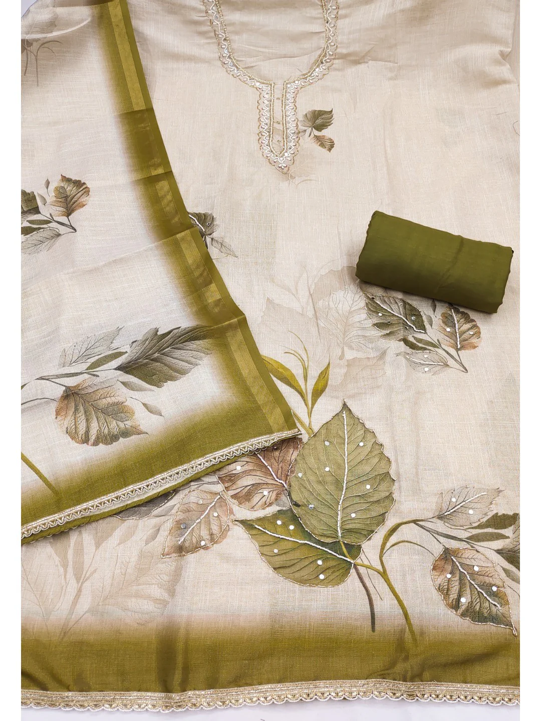 Beige & Green Linen Floral Printed Unstitched Suit Material for Stylish Traditional Outfits - Image 4
