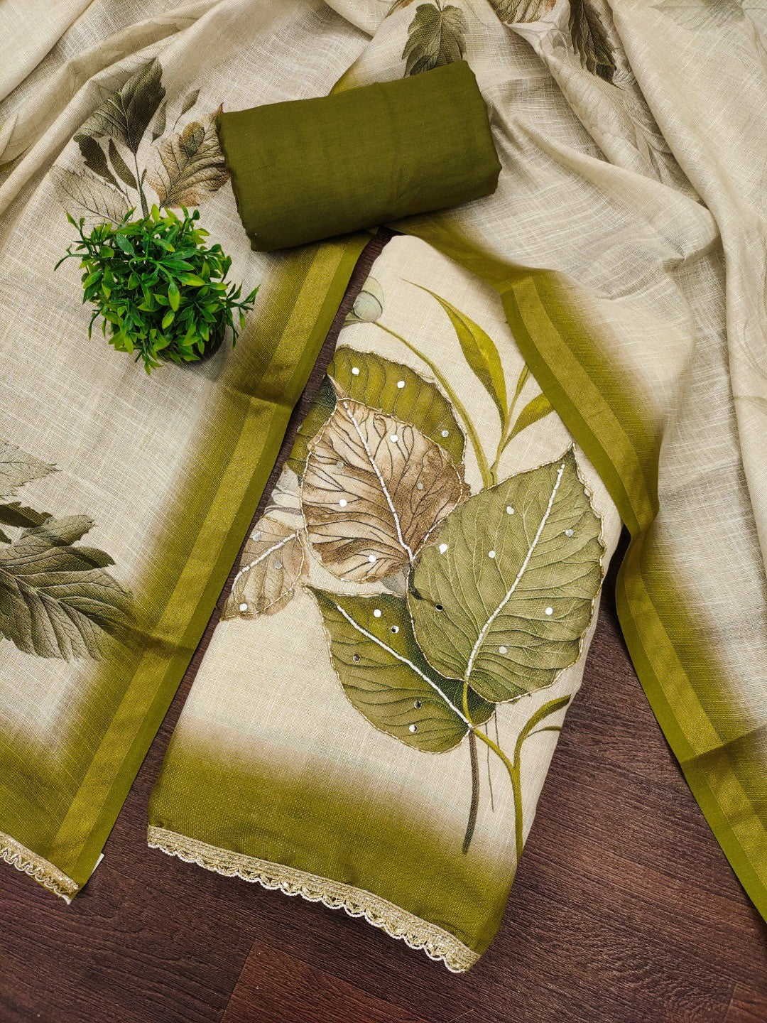Beige & Green Linen Floral Printed Unstitched Suit Material for Stylish Traditional Outfits - Image 5