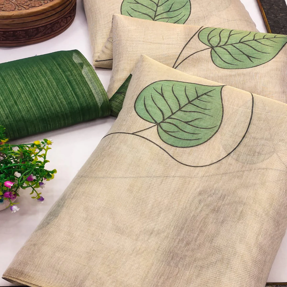 Beige & Green Saree in Art Silk Featuring Leafy Print & Tassels - Image 2