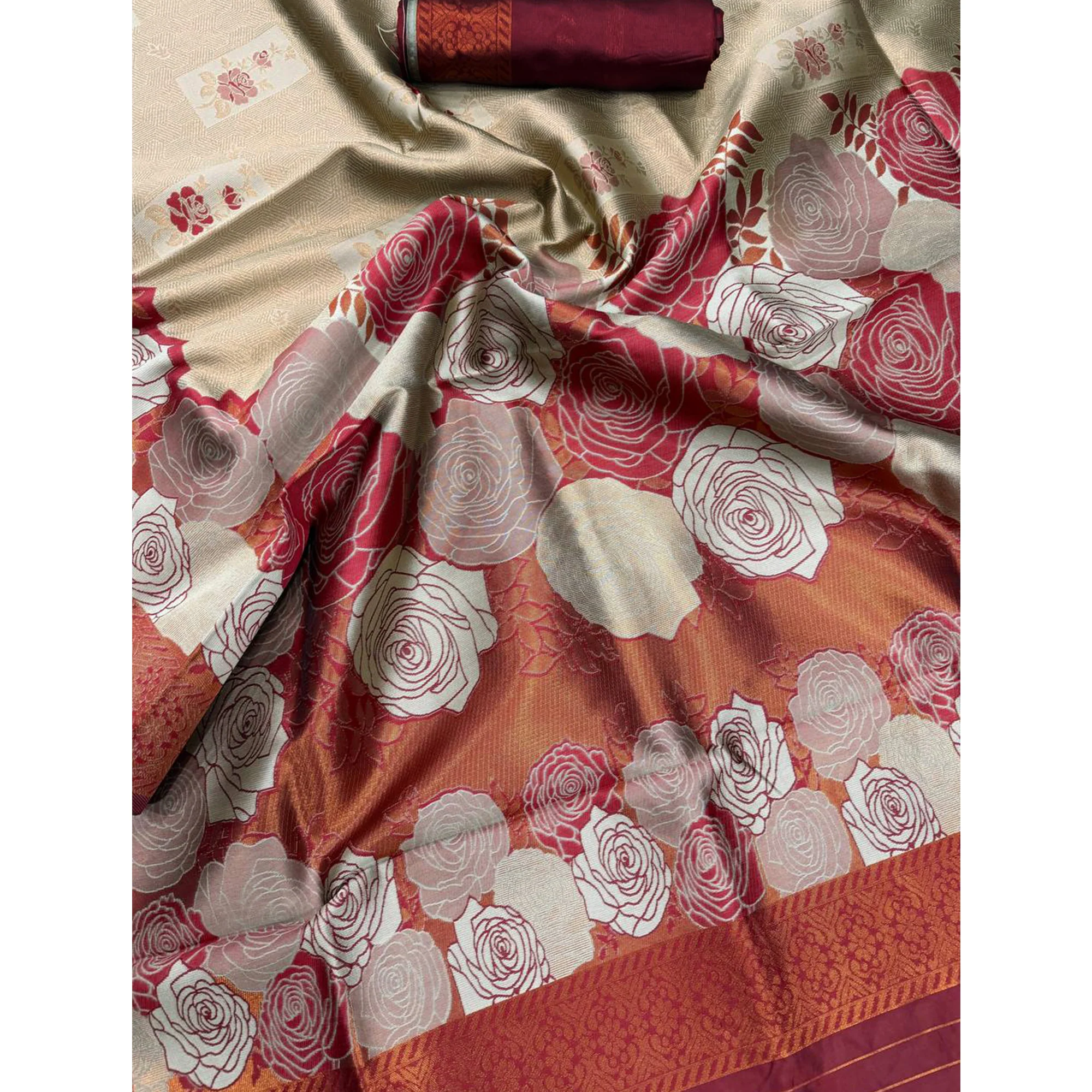 Beige Handloom Banarasi Silk Saree Enhanced with Artistic Floral Zari Weaving for Timeless Appeal - Image 5