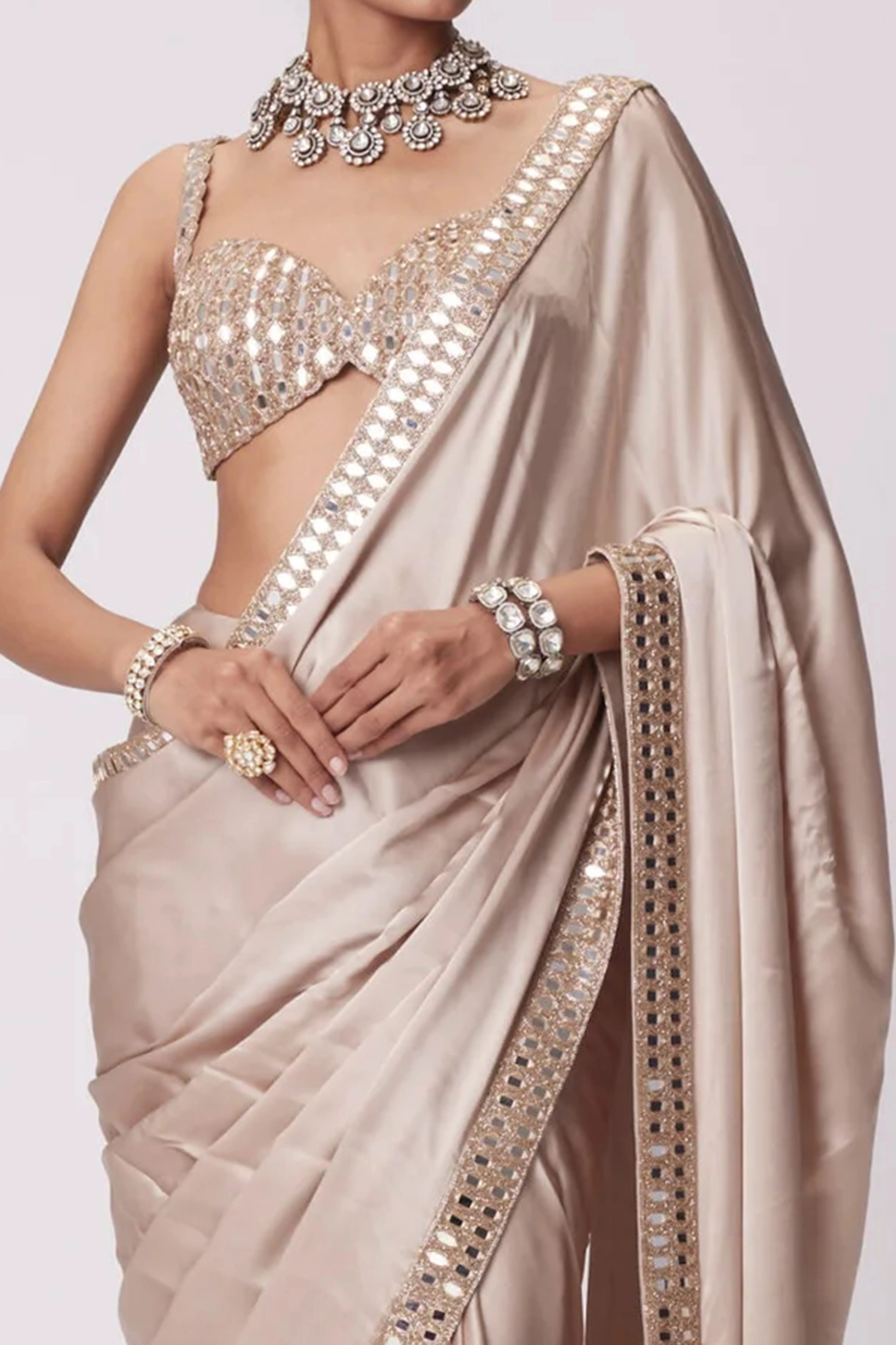 Beige Japan Satin Saree with Sparkling Mirror Embellishments - Image 2