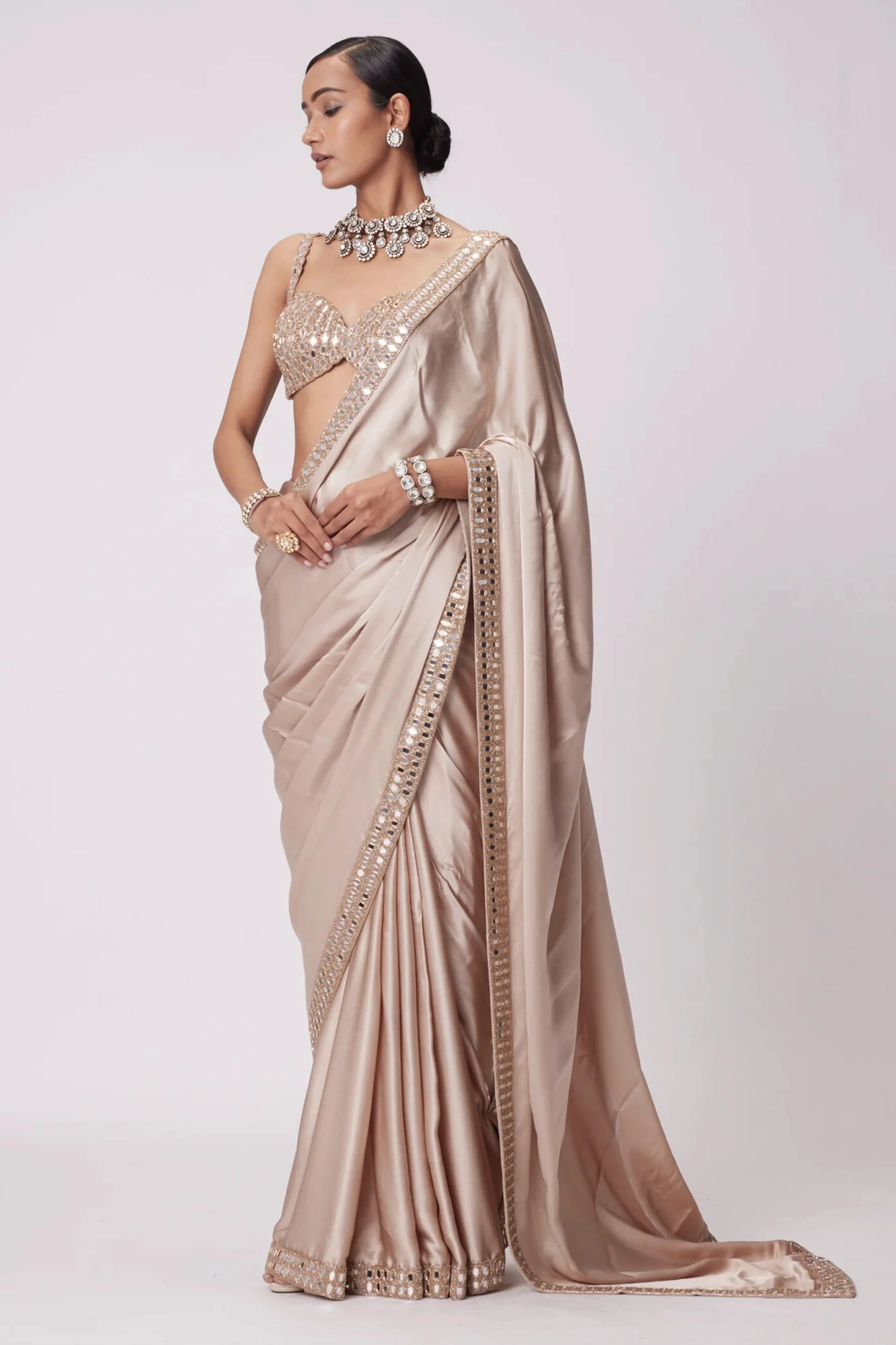 Beige Japan Satin Saree with Sparkling Mirror Embellishments - Image 3