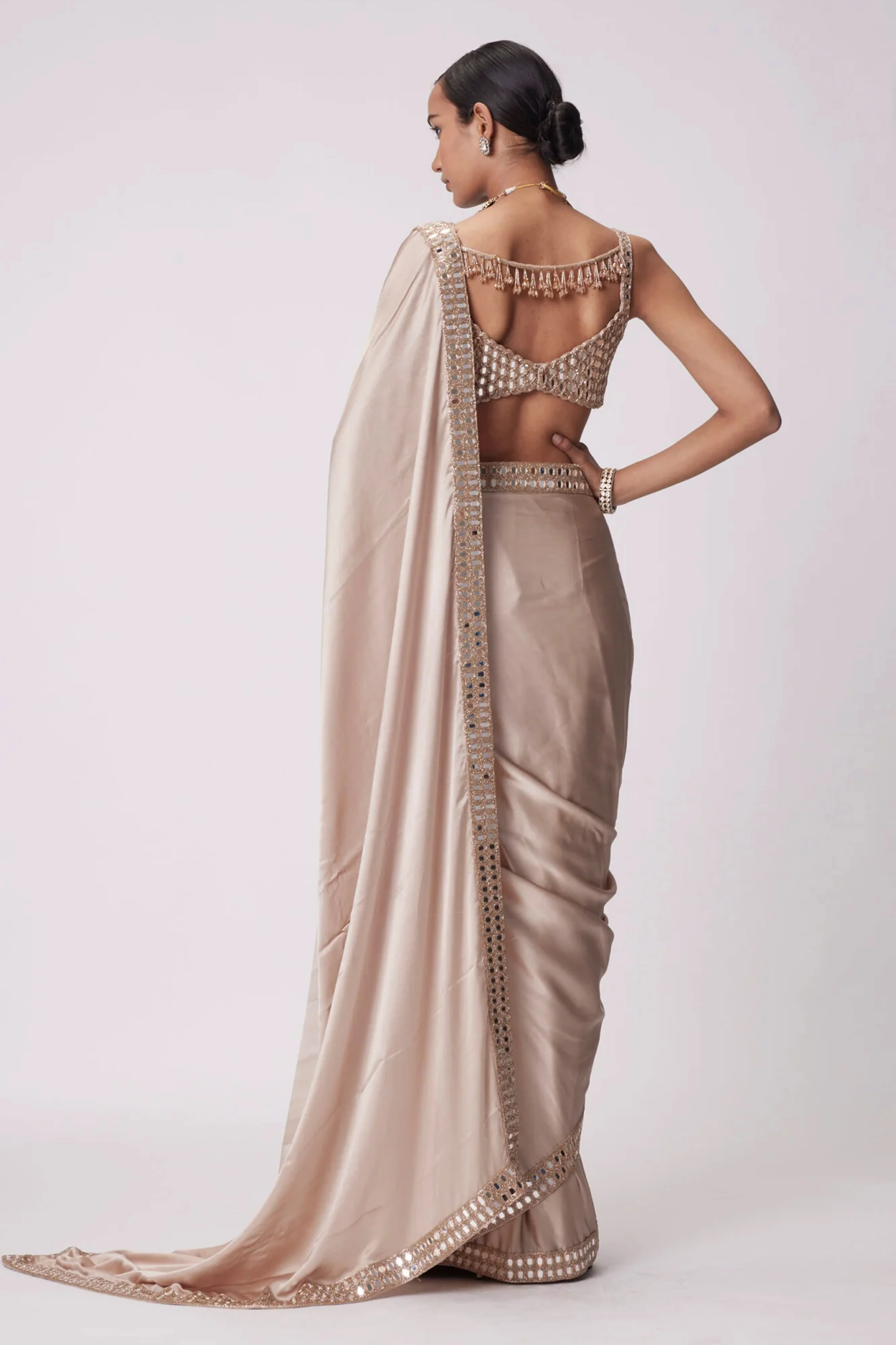 Beige Japan Satin Saree with Sparkling Mirror Embellishments - Image 4
