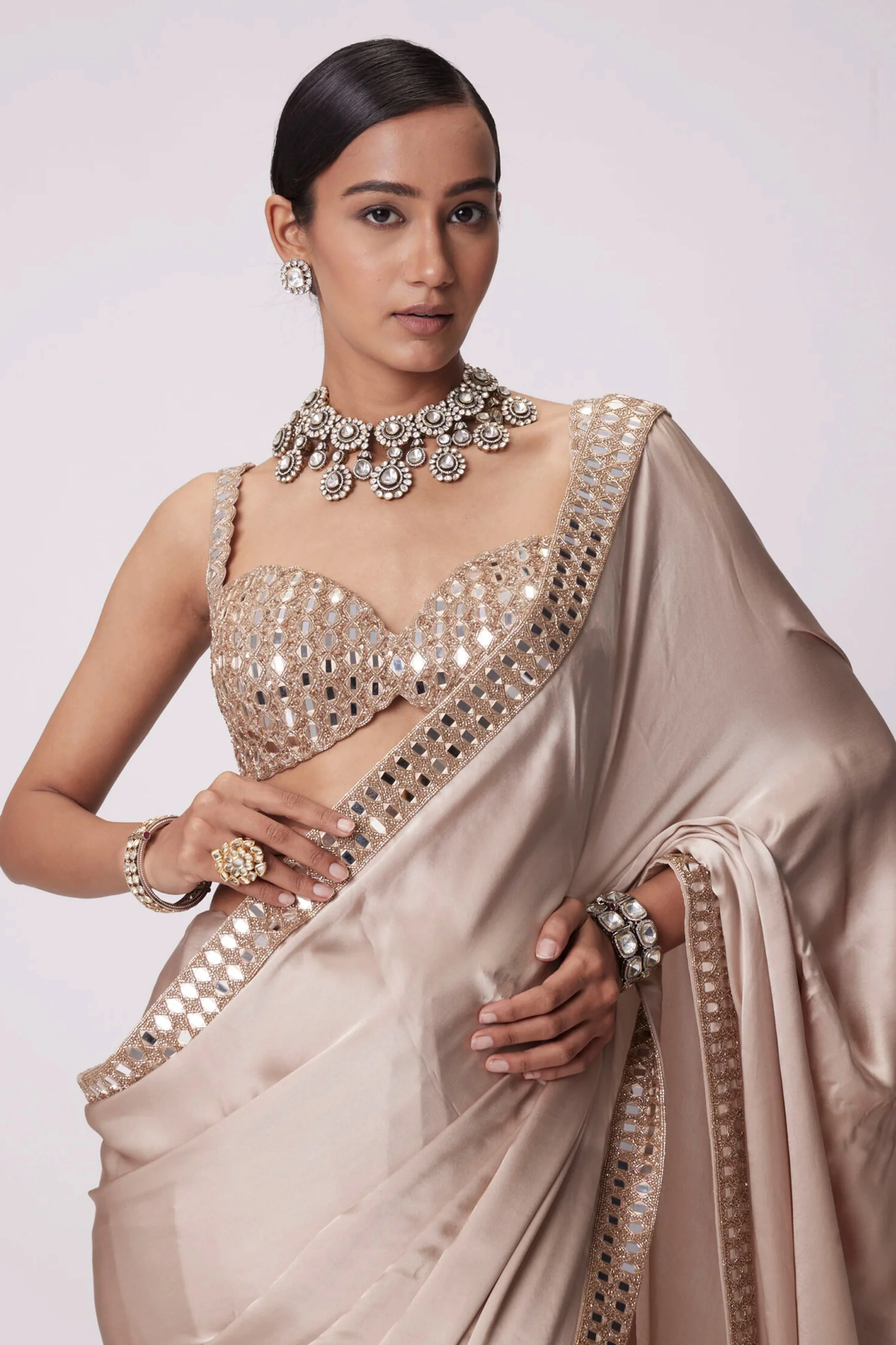 Beige Japan Satin Saree with Sparkling Mirror Embellishments - Image 5
