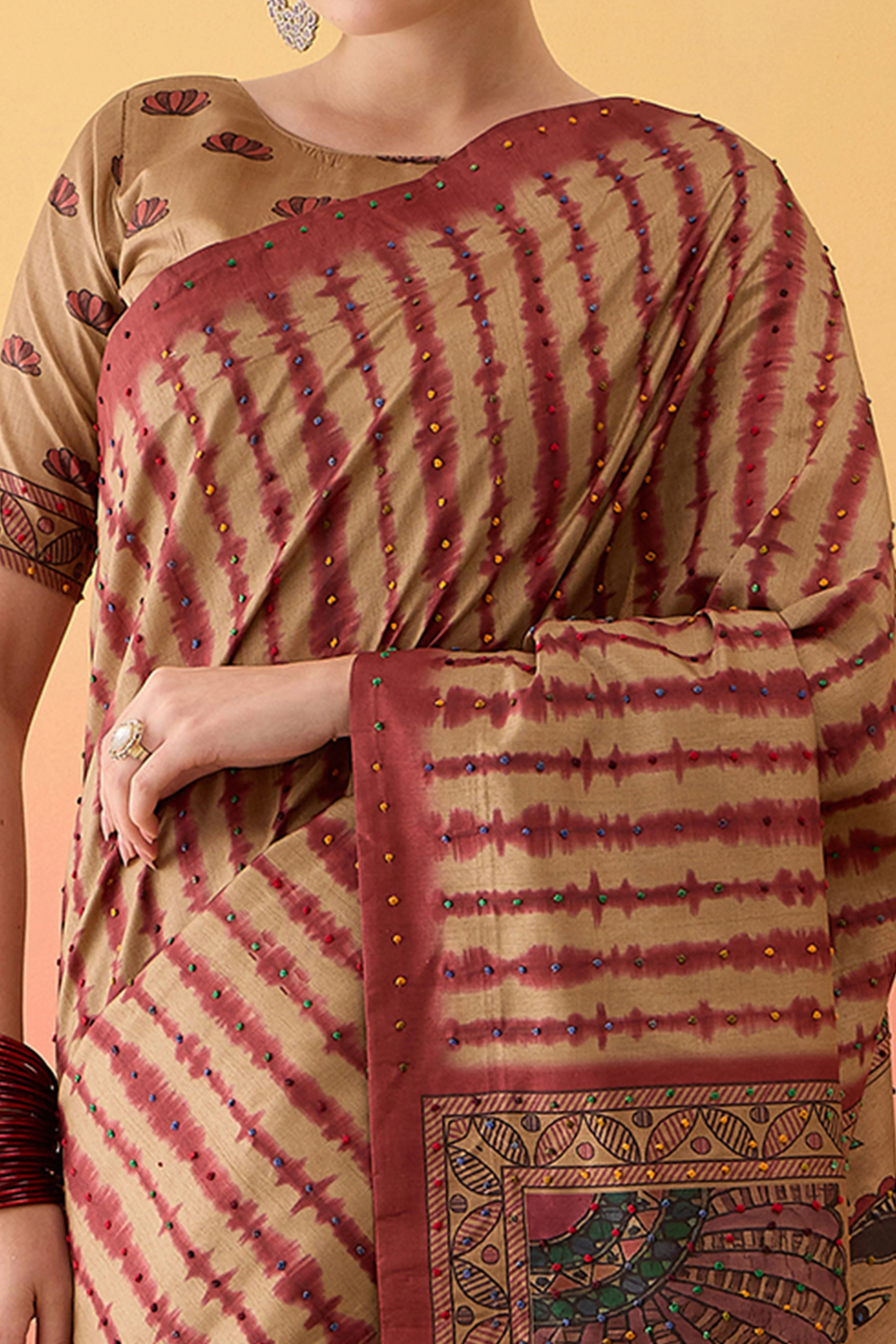Beige Kalamkari Style Cotton Silk Saree Flowy Drape Knot Tassels Festive Wear - Image 2