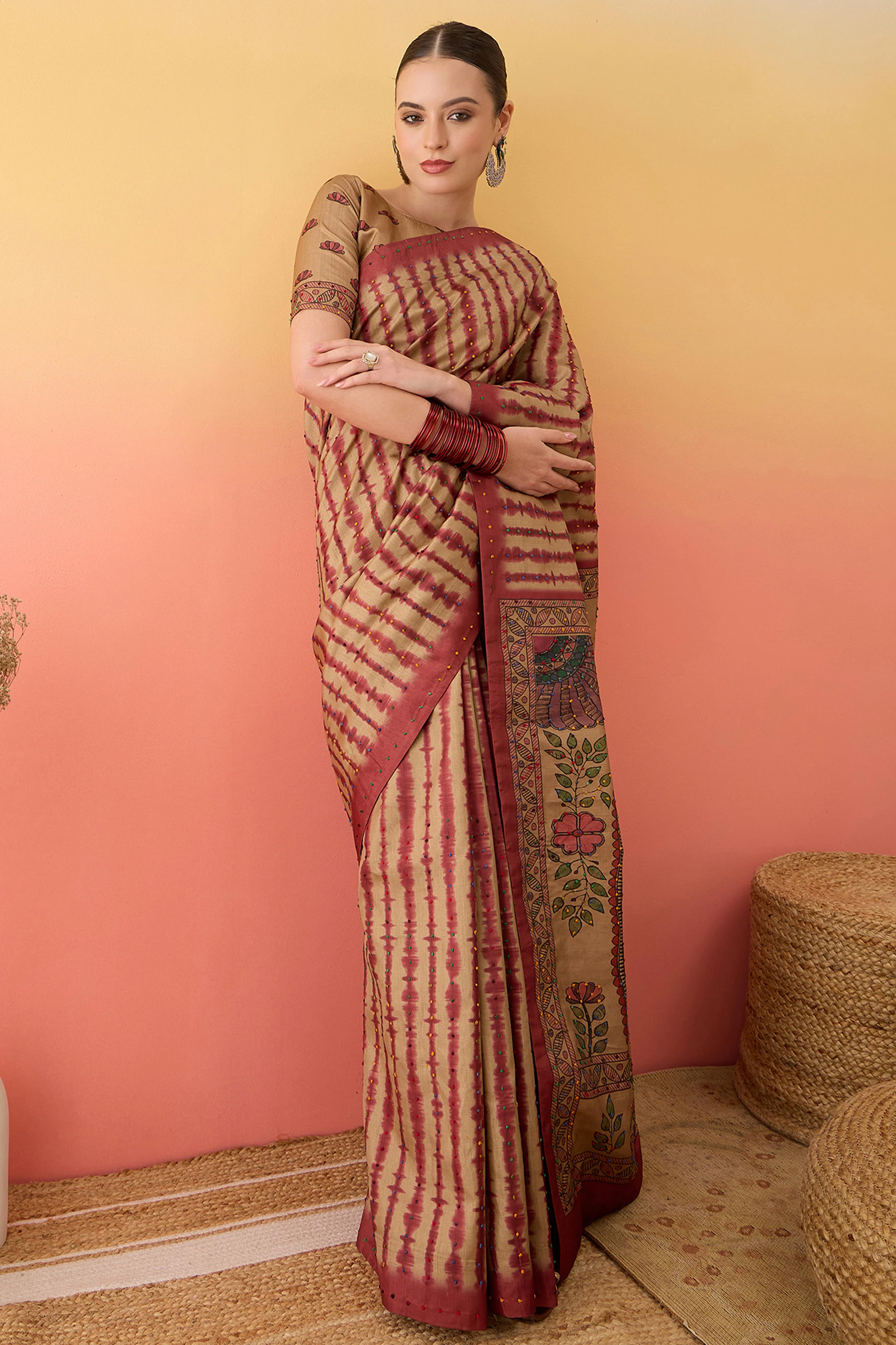 Beige Kalamkari Style Cotton Silk Saree Flowy Drape Knot Tassels Festive Wear - Image 3