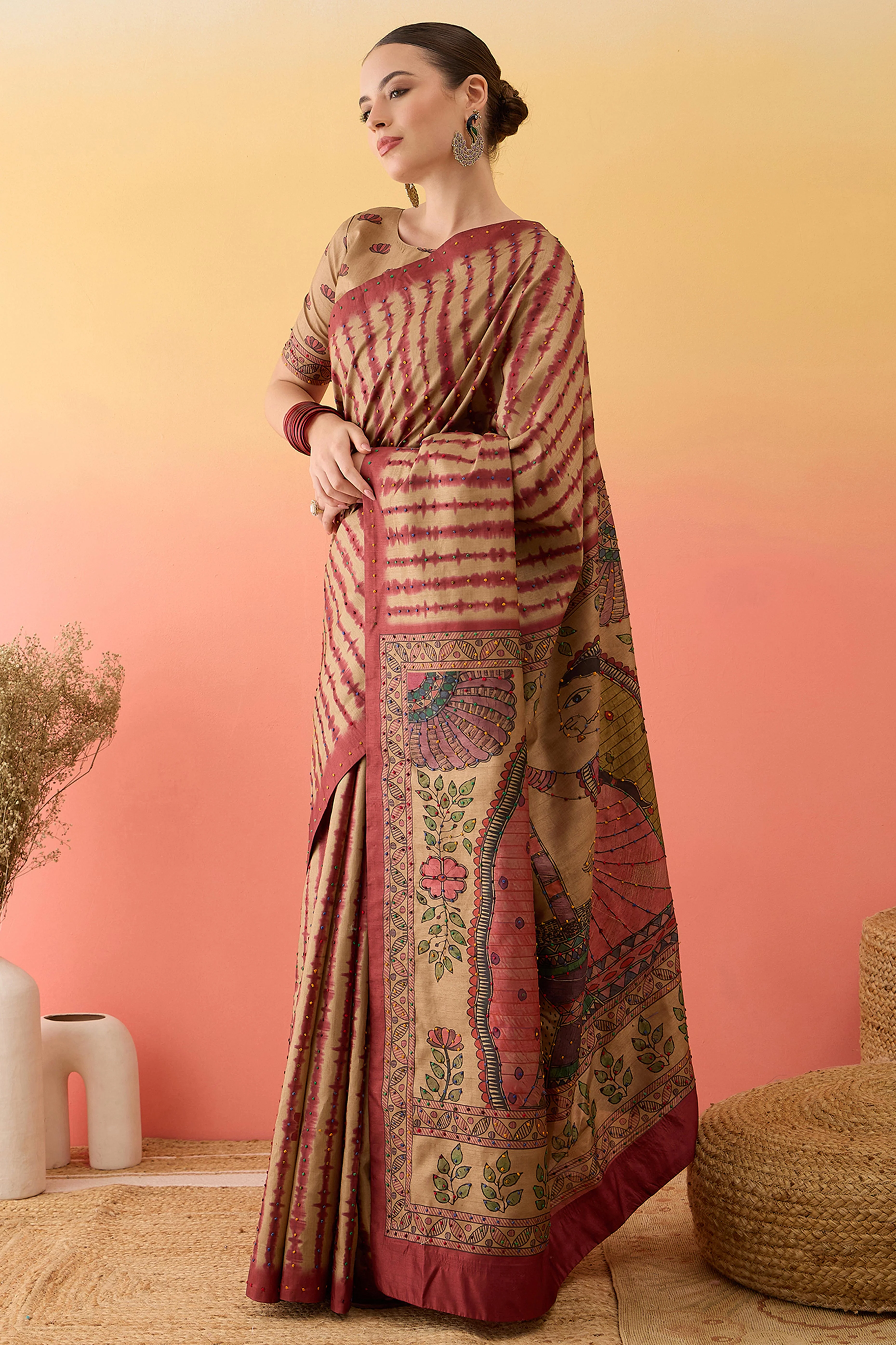 Beige Kalamkari Style Cotton Silk Saree Flowy Drape Knot Tassels Festive Wear - Image 4