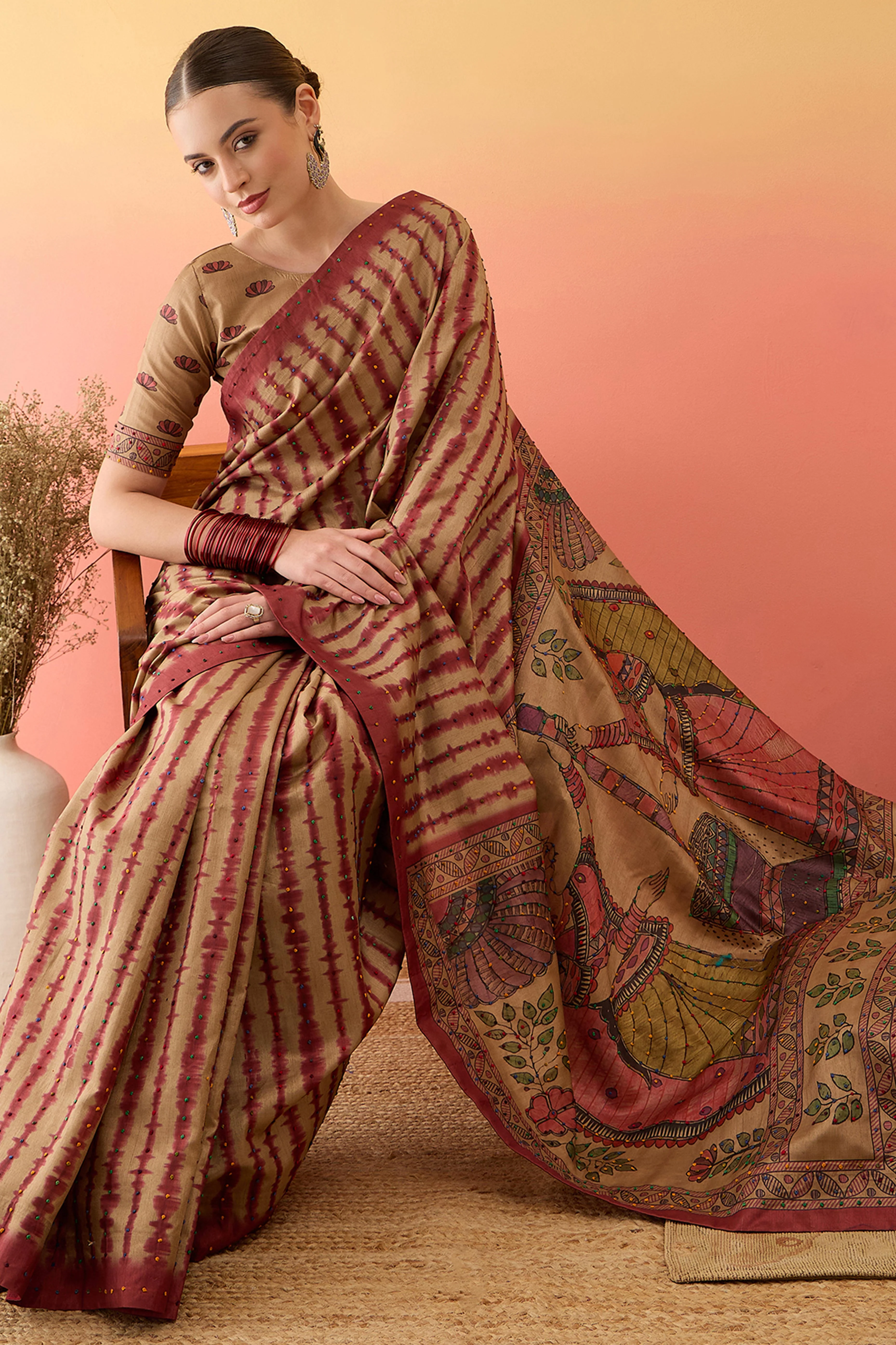 Beige Kalamkari Style Cotton Silk Saree Flowy Drape Knot Tassels Festive Wear - Image 5